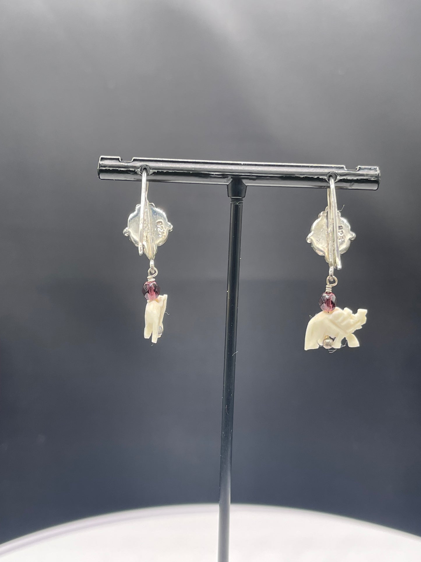 Natural Amethyst & Garnet Ivory Elephant Sterling Silver Dangle Earrings - Handmade, 1.48 Inches