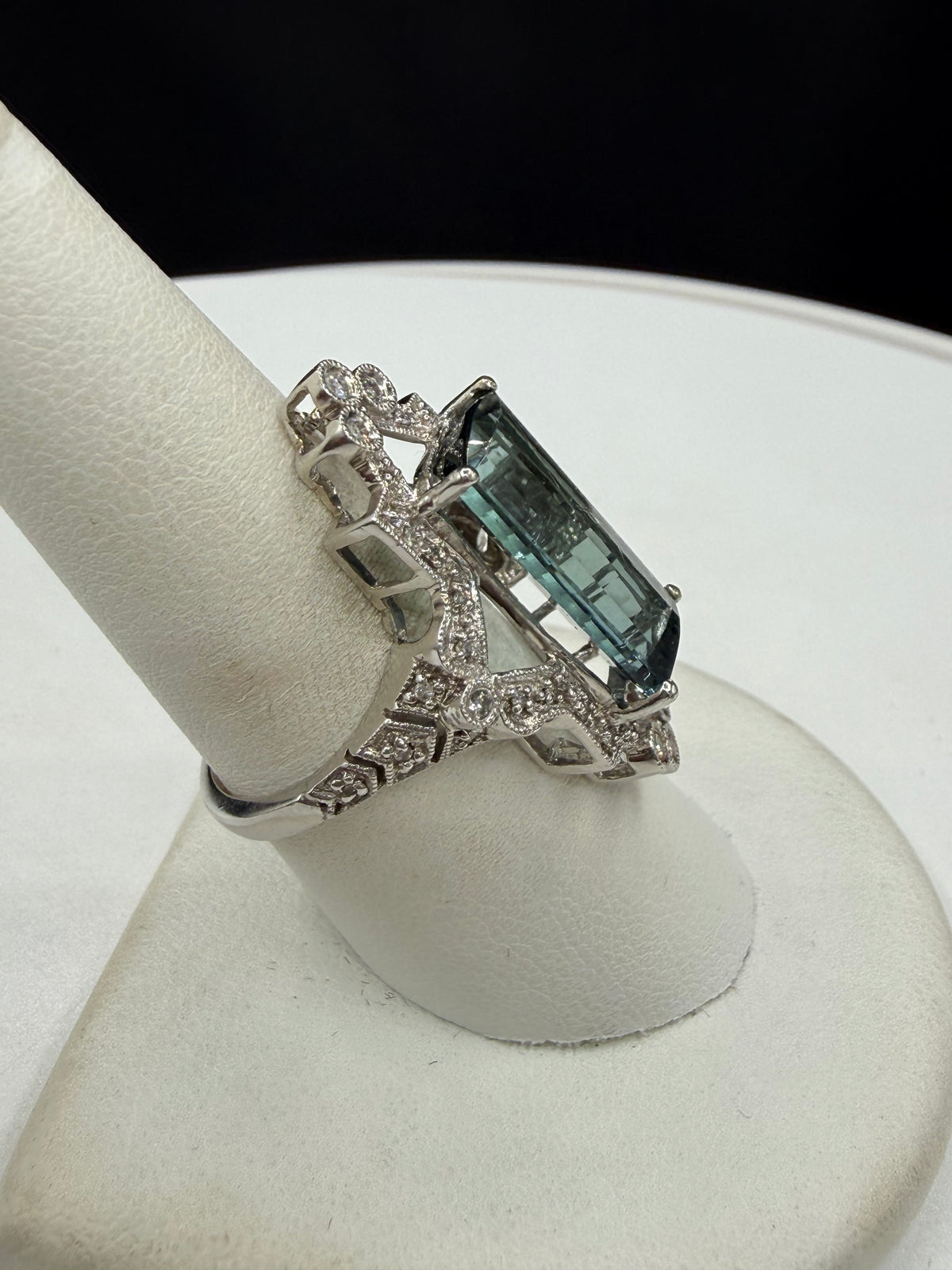 8.86 Carat Natural Indicolite Blue Tourmaline & Diamond 14k White Gold Statement Ring | Size 8.25