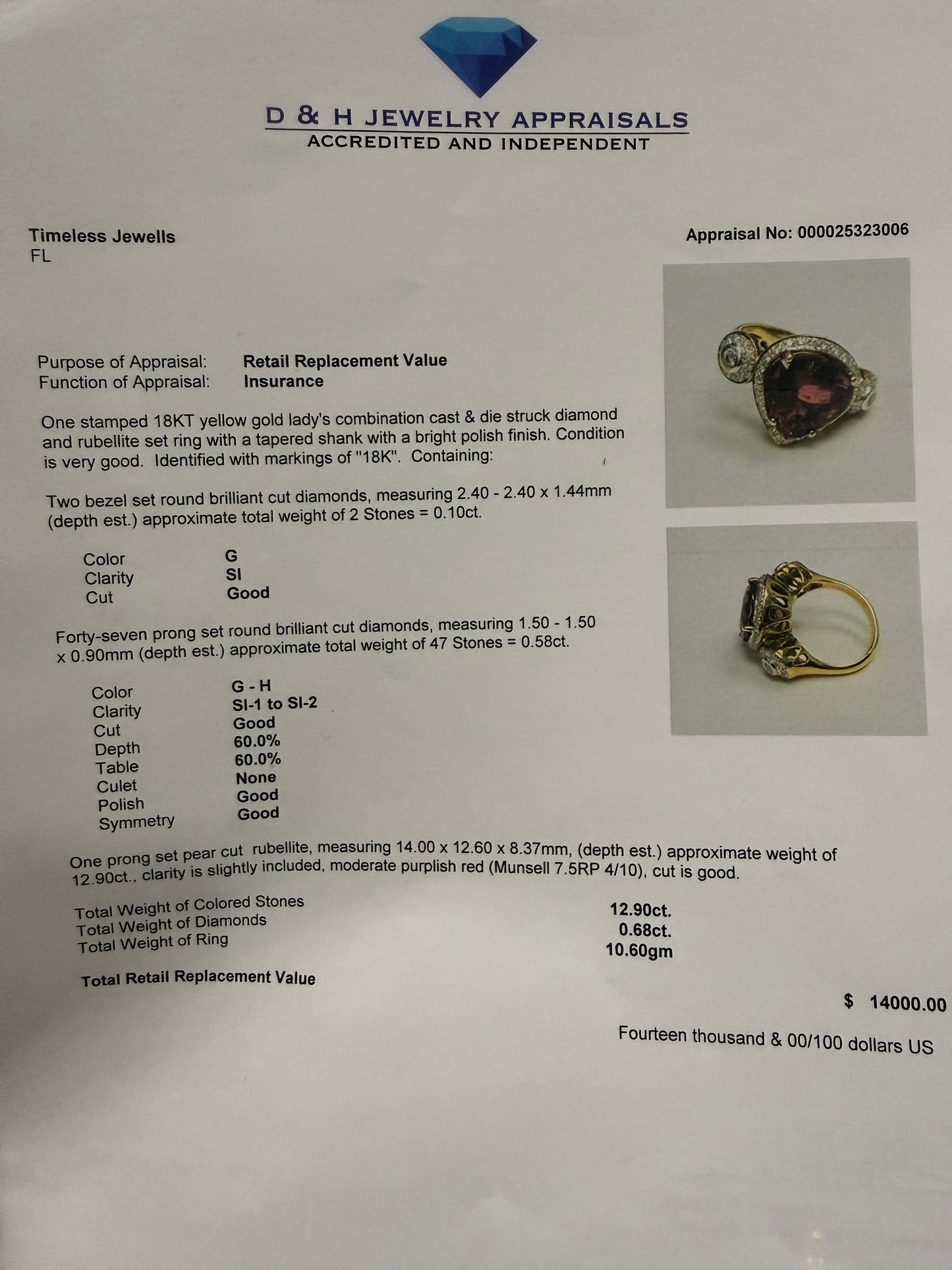 Natural Rubellite Tourmaline & Diamond 18K Gold Ring | Size 6.5 | 12.90 CT Rubellite | 0.68 CT Diamonds