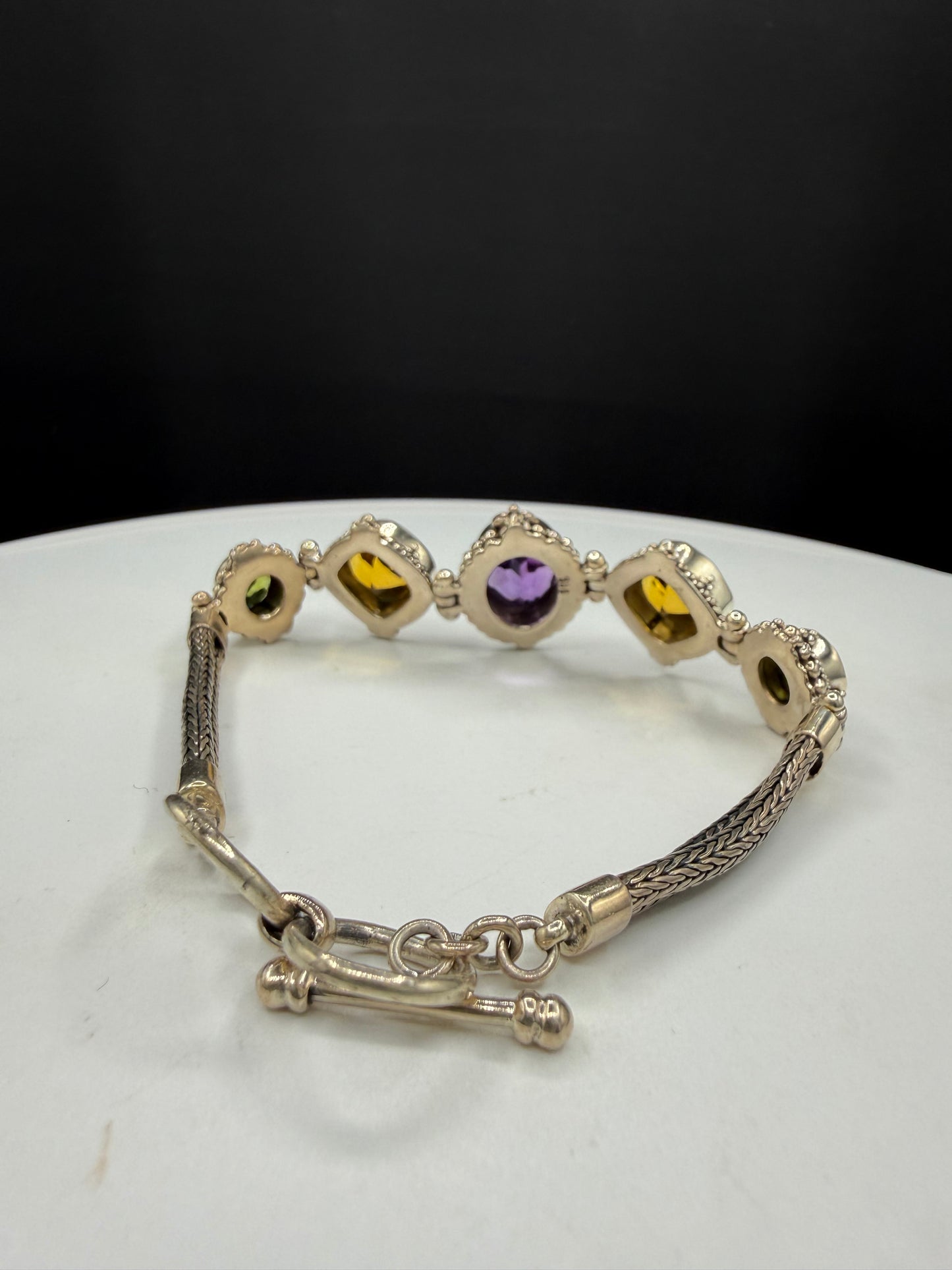 Vintage Natural Amethyst Citrine Peridot Bali Bracelet | Solid 925 Sterling Silver | Adjustable 7–8” | 28.37g