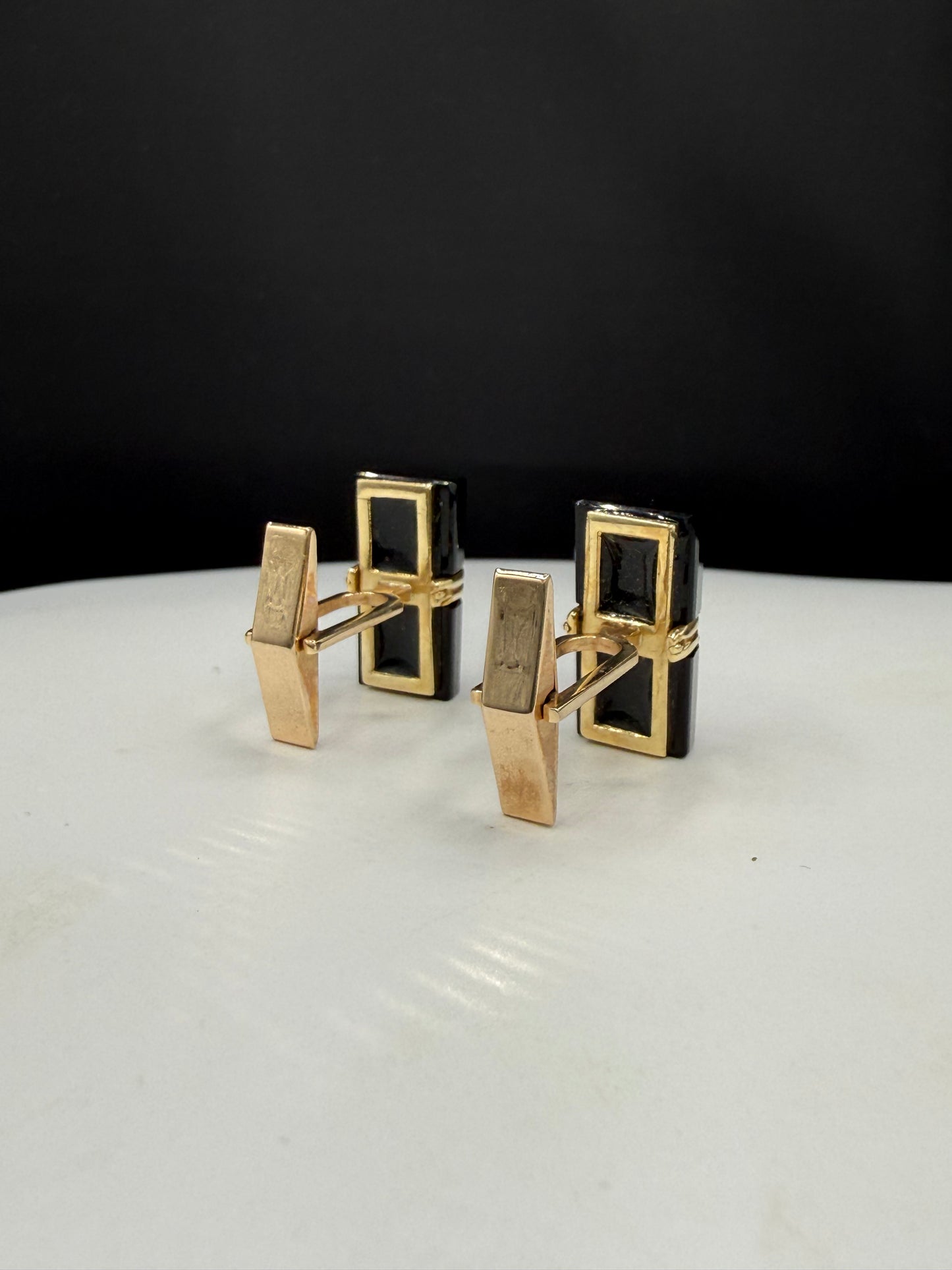 Vintage 14K Gold & Bar-Cut Black Onyx Custom Cufflinks | 10.3g