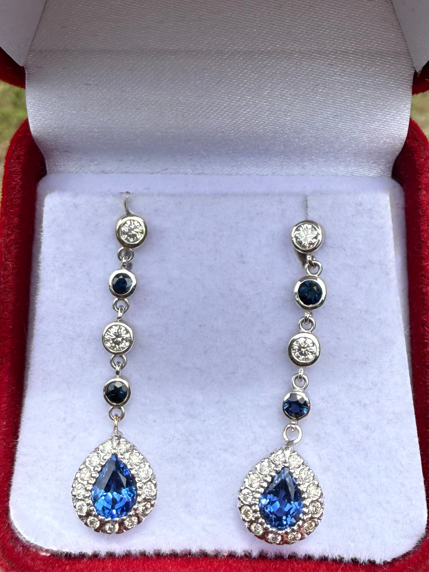 Natural Blue Sapphire & Diamond Dangle Earrings | 14K White Gold | 2.97ctw