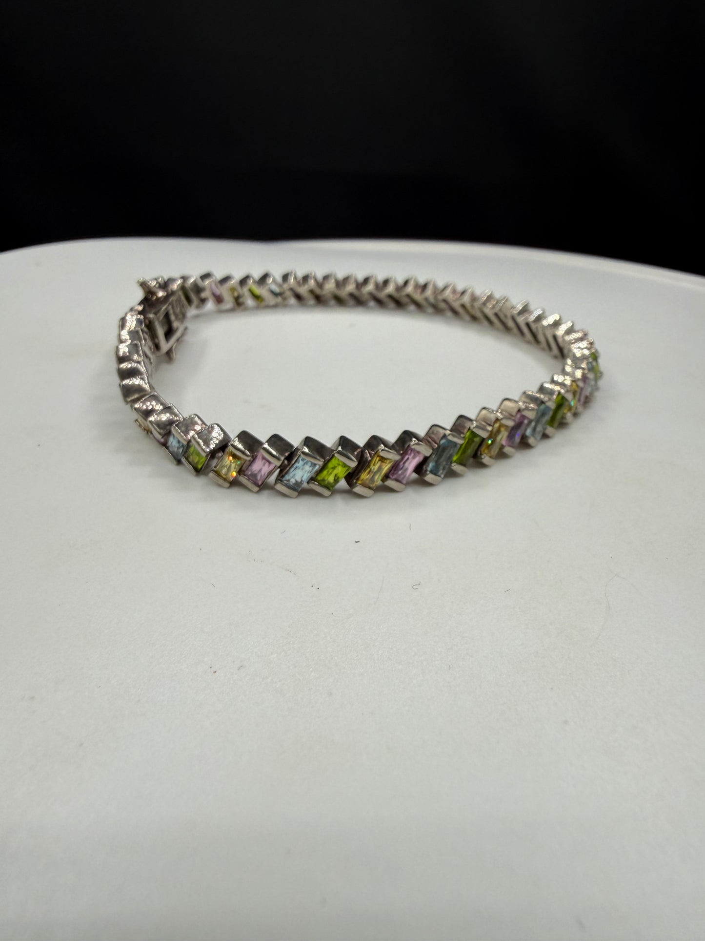 925 Sterling Silver Rainbow Multi-Gemstone Tennis Bracelet 8.5" Emerald Cut