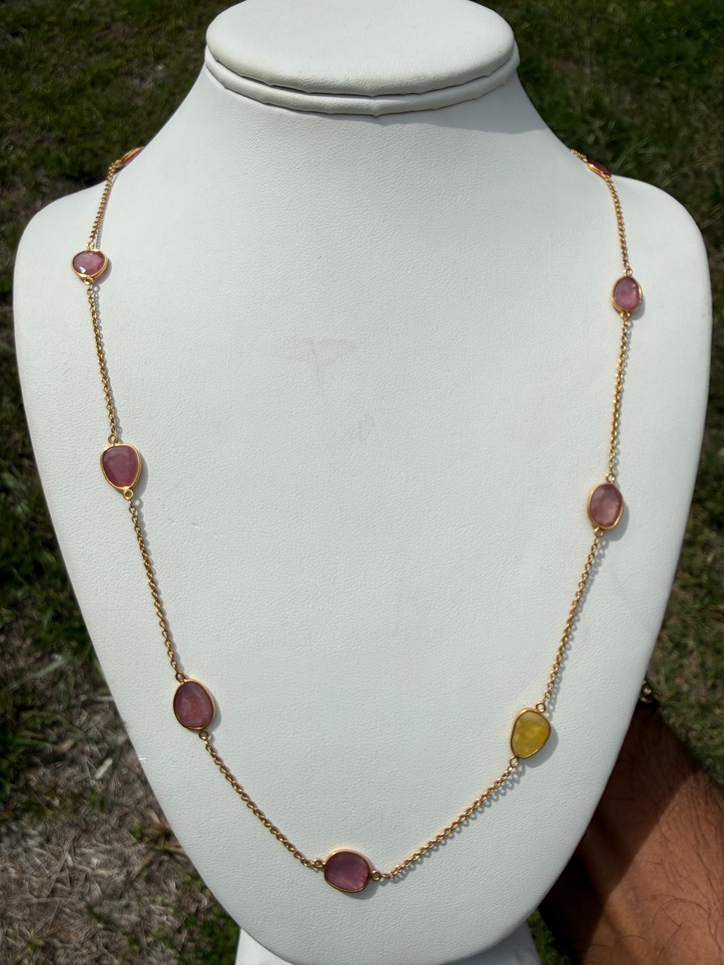 18K Yellow Gold Natural Unheated Multi Color Sapphire Mogul Station Necklace | 20.94ctw | 26.5"