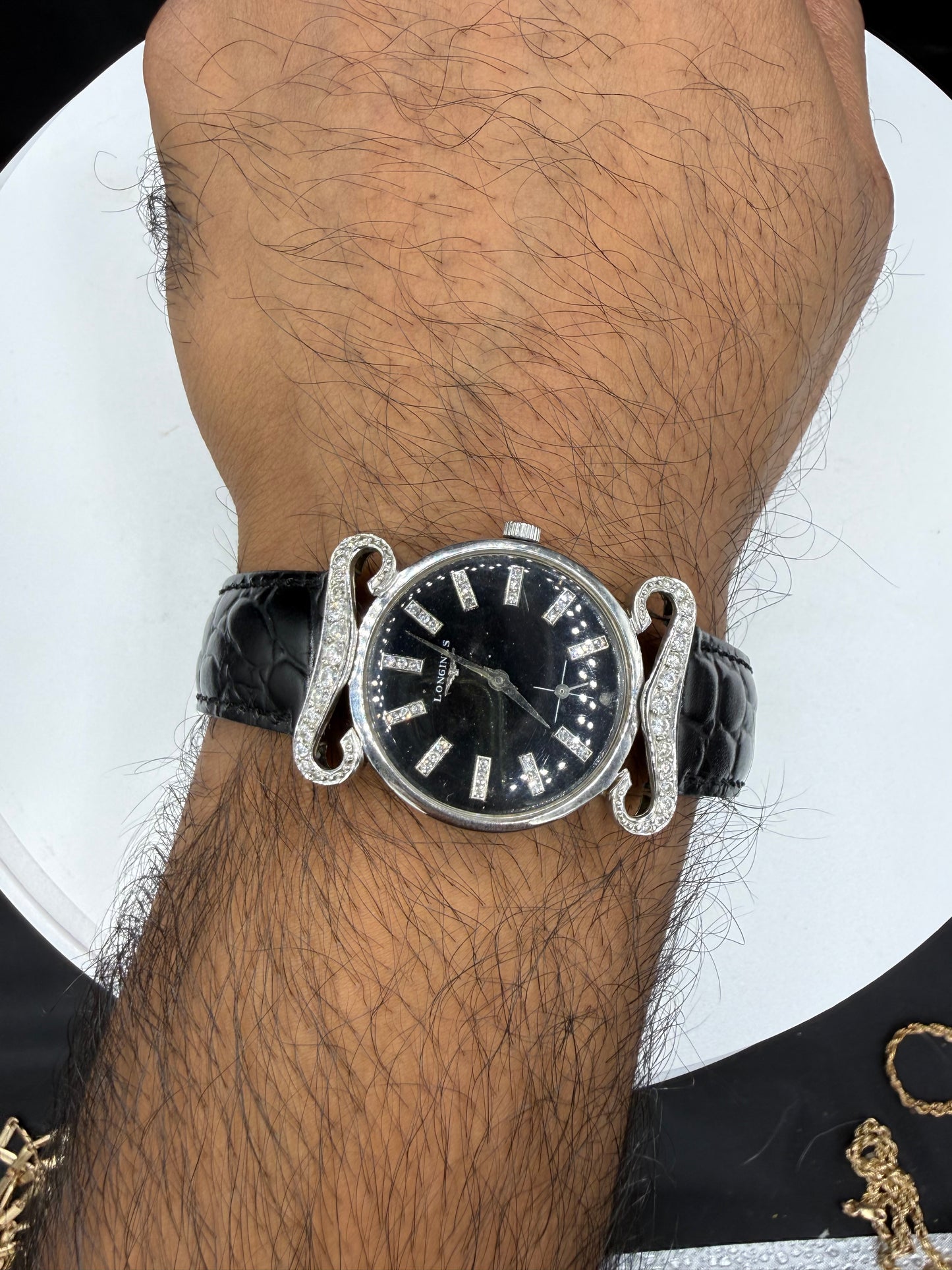 Vintage Longines 14k White Gold Diamond Dial & Mustache Lugs Tuxedo Watch 30mm