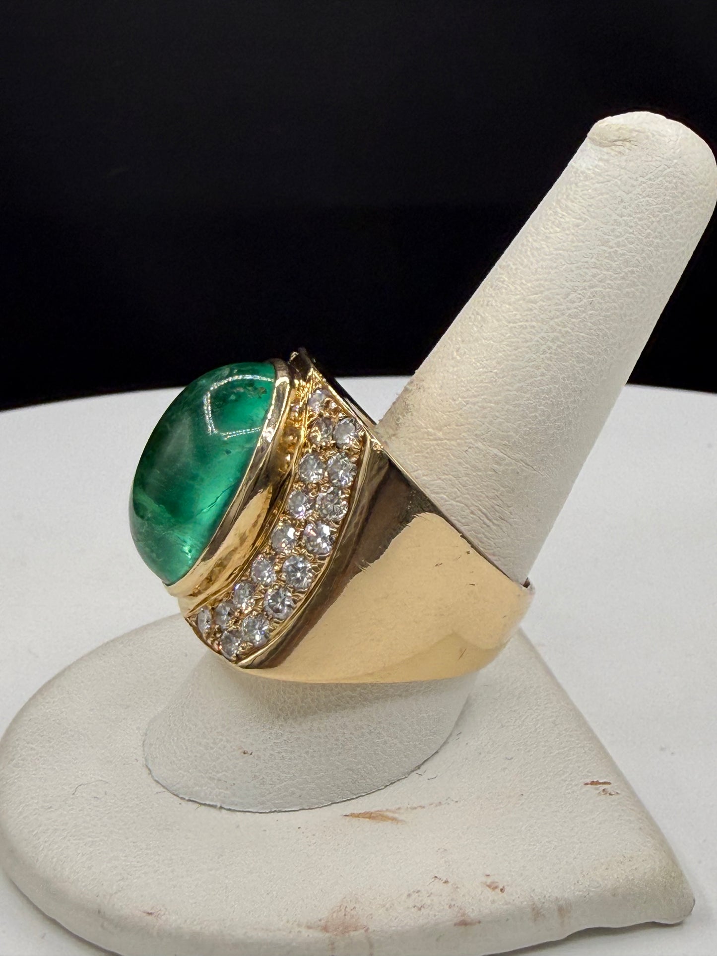 Massive 24.73 Ct Natural Colombian Emerald Cabochon & 2.32 CTW Diamond 18k Yellow Gold Statement Ring | Size 10