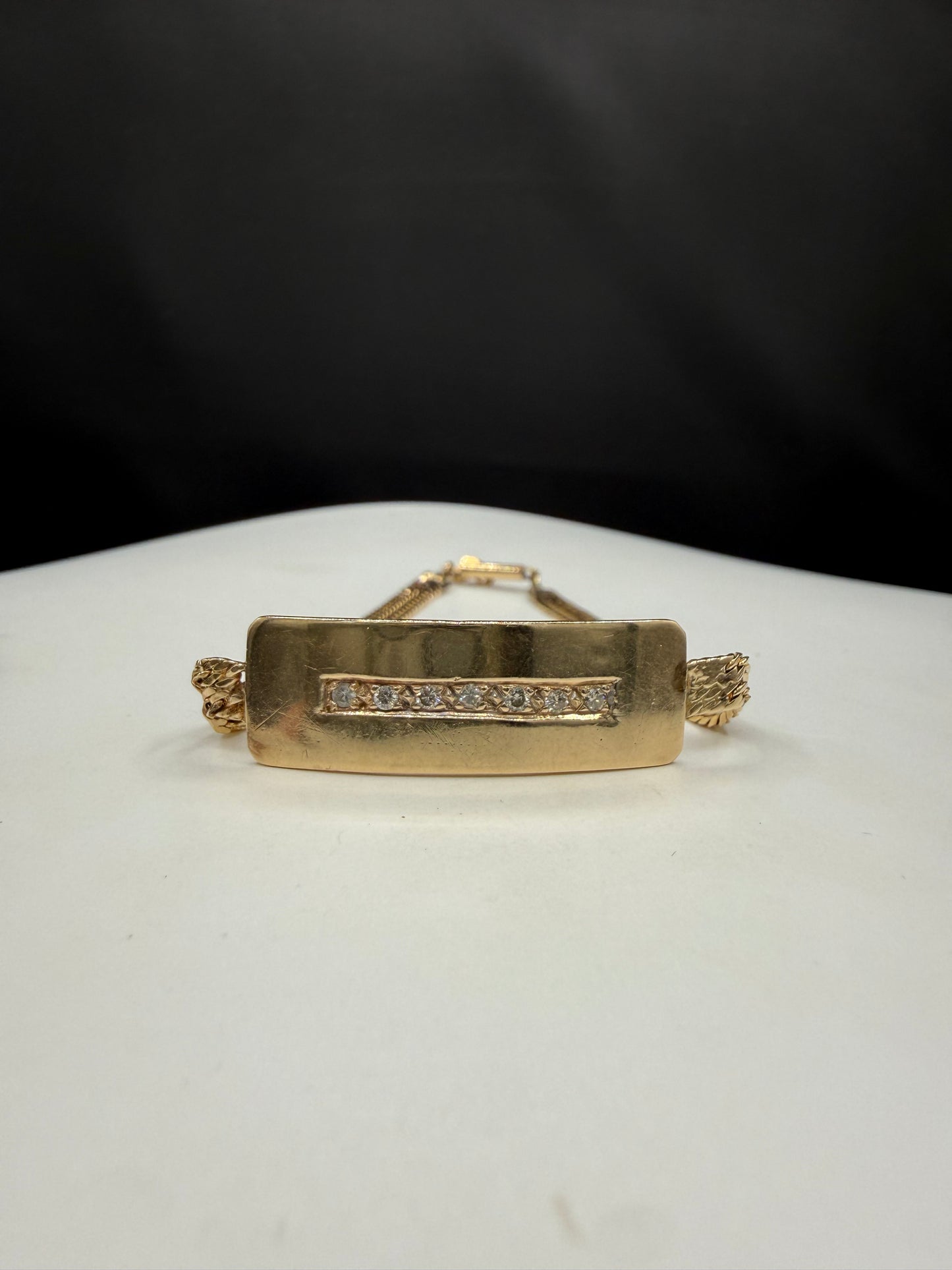 Vintage Solid 14k Yellow Gold Diamond ID Bar Bracelet | 7.25 Inches | 8.4 Grams