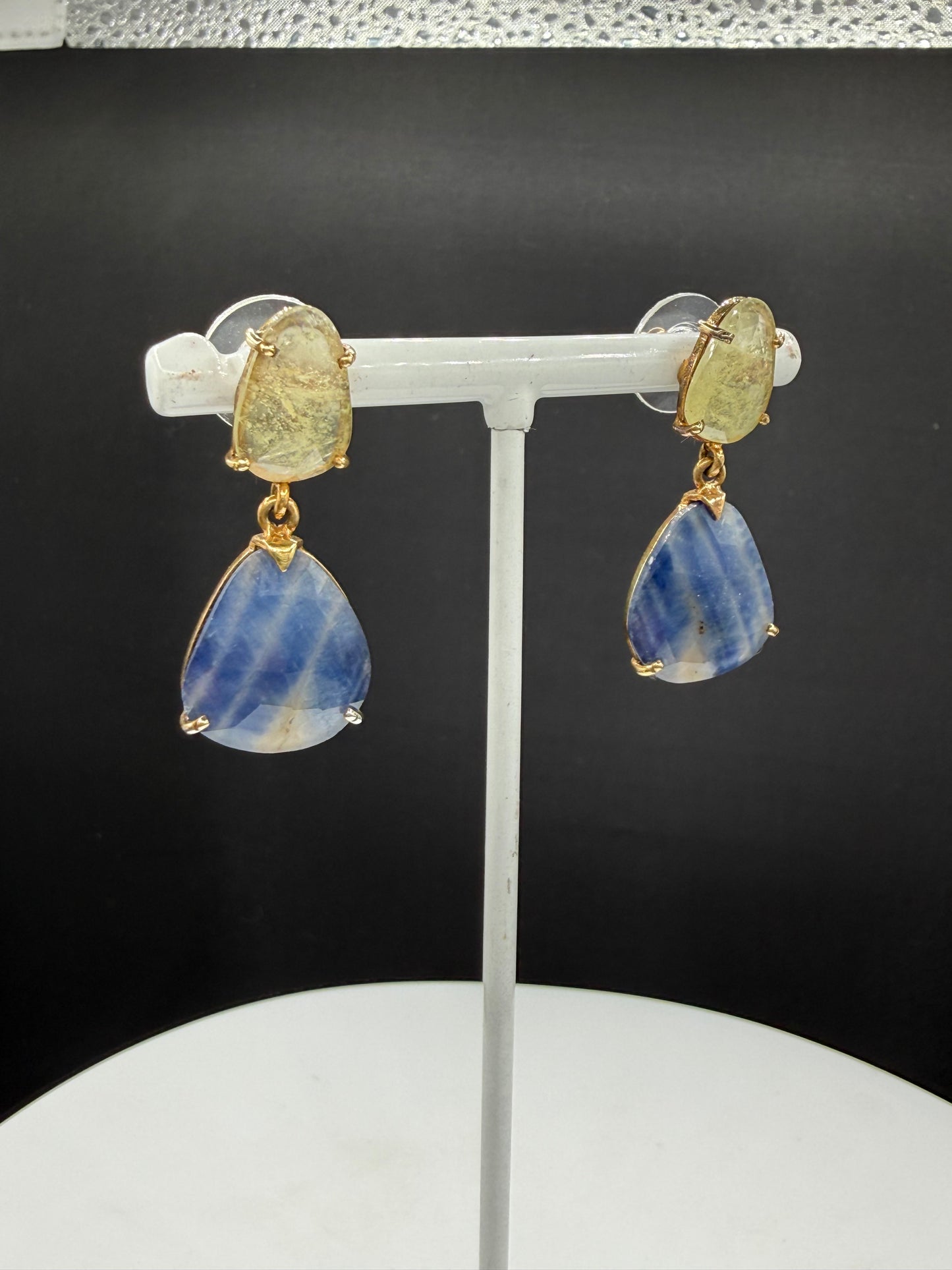 22.93 CT Natural Blue & Yellow Sapphire Vermeil Sterling Silver Dangle Earrings
