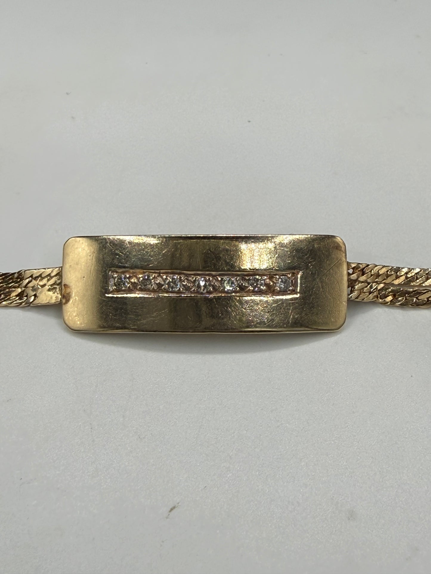 Vintage Solid 14k Yellow Gold Diamond ID Bar Bracelet | 7.25 Inches | 8.4 Grams