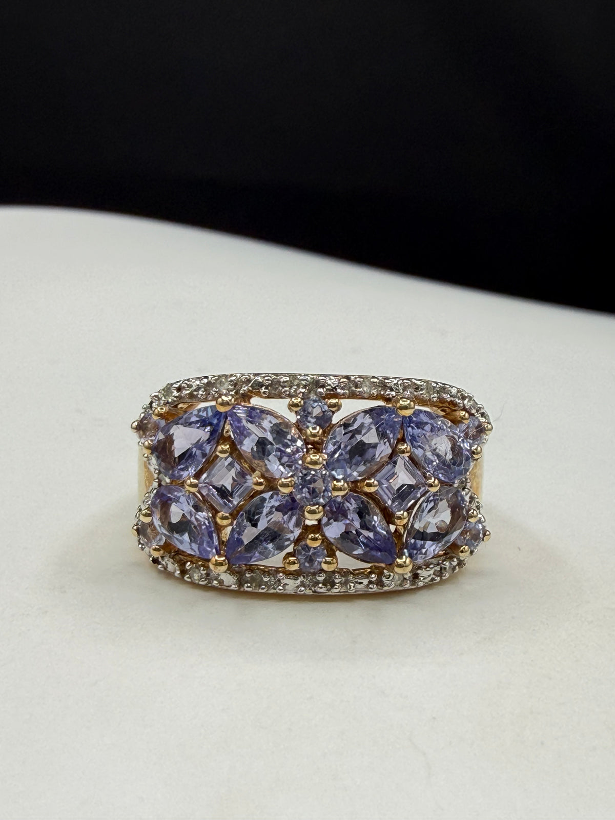 2.05 Carat Natural Tanzanite & Diamond 10k Yellow Gold Statement Ring | Size 7
