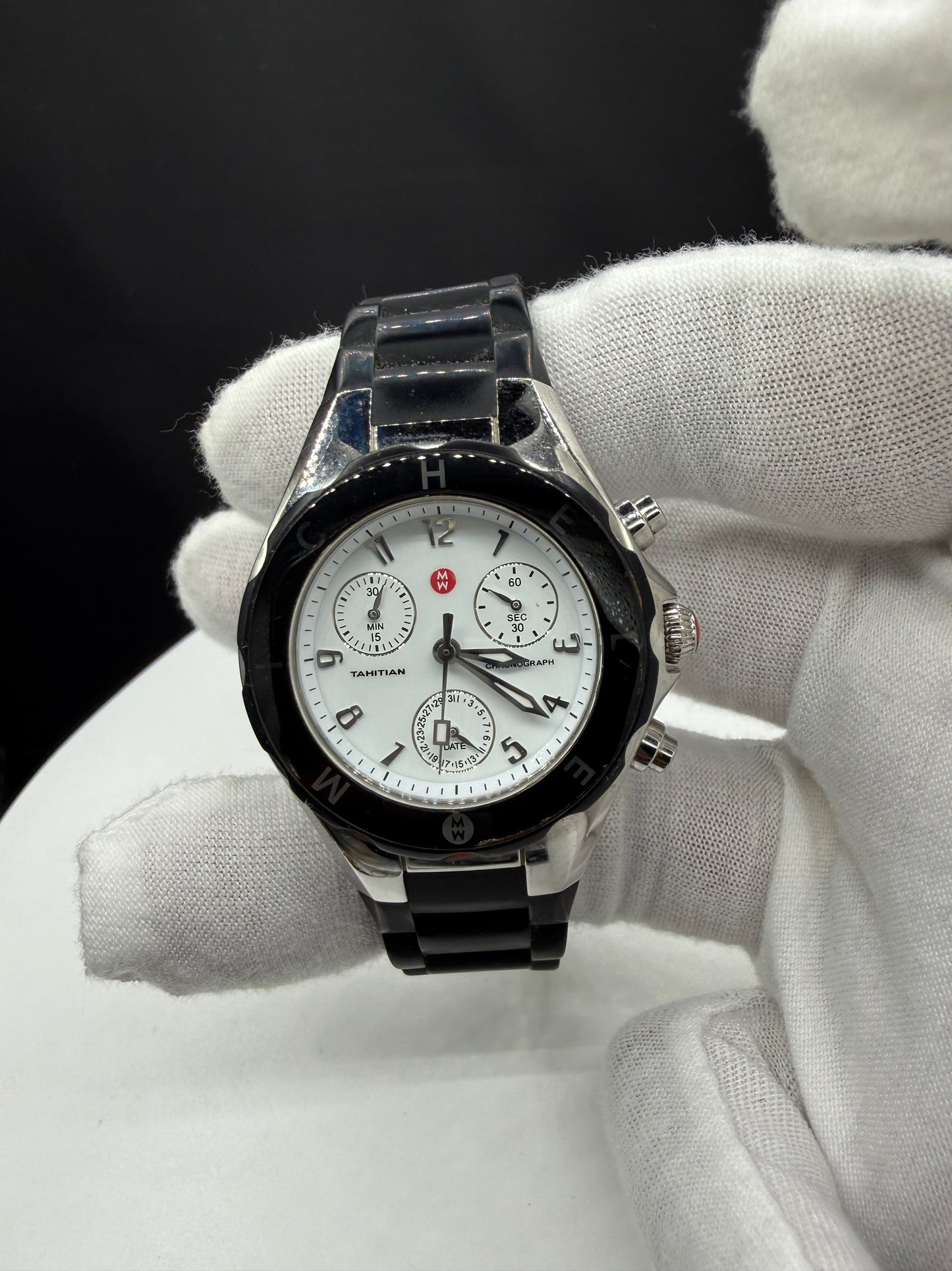 Michele Tahitian Chronograph White Dial Black Silicone Strap Watch | 35 MM | Ref MWW12D000002
