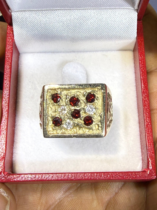 Vintage Men's 14K Yellow Gold Natural Ant Hill Garnet & Diamond Brutalist Nugget Ring | 18.56 Grams | Size 9.25