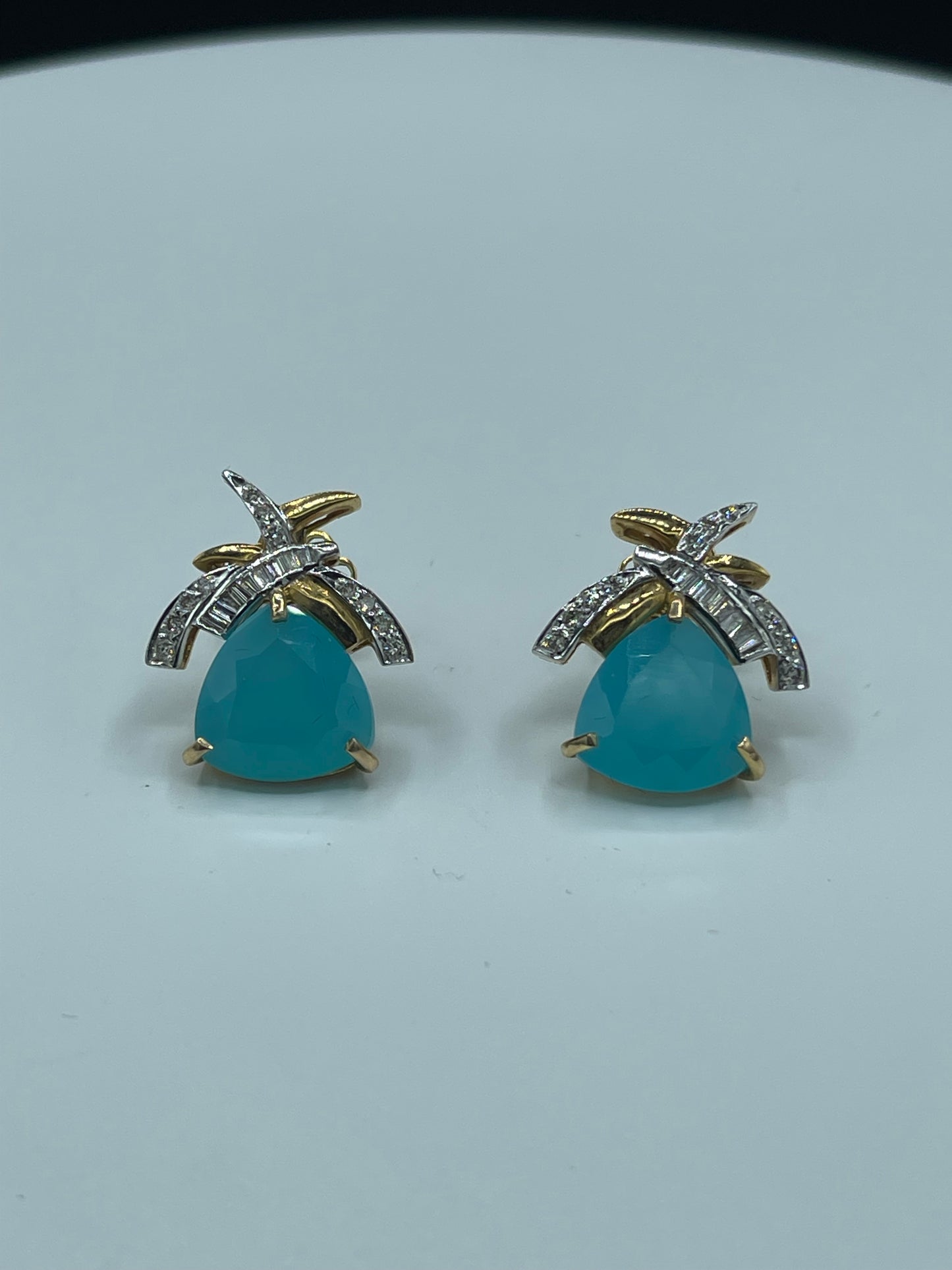 13.58 Carat Natural Paraiba Chalcedony & Diamond 18k Yellow + White Gold Necklace + Earring Set