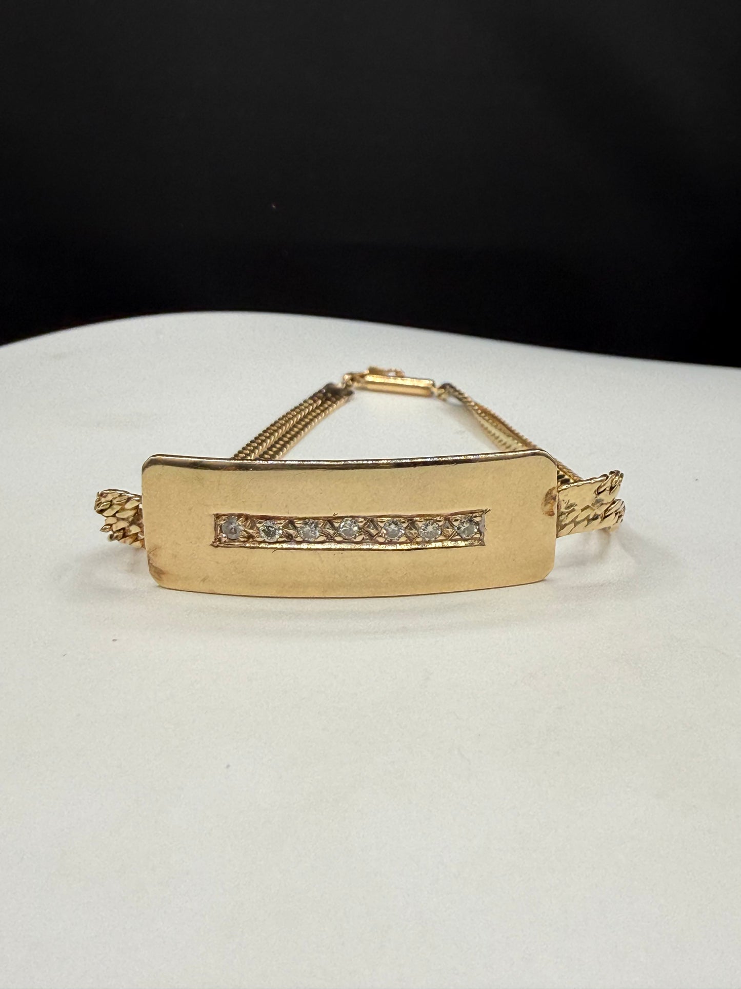 Vintage Solid 14k Yellow Gold Diamond ID Bar Bracelet | 7.25 Inches | 8.4 Grams