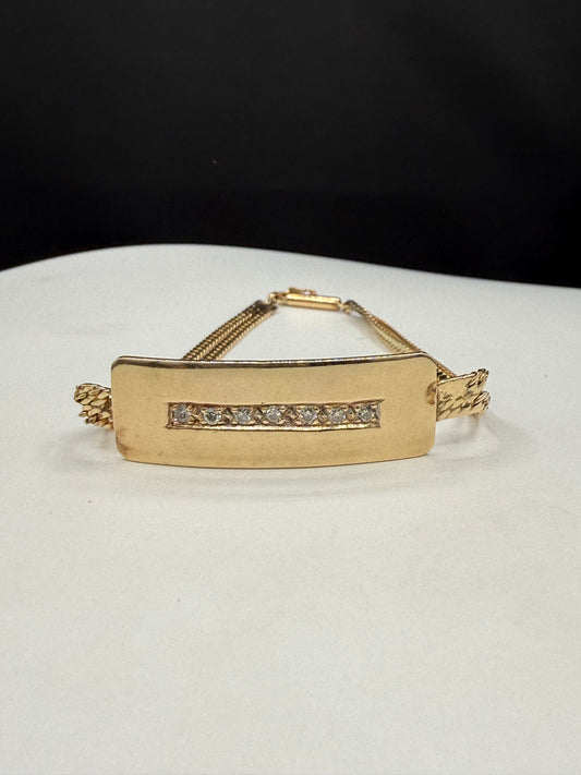 Vintage Solid 14k Yellow Gold Diamond ID Bar Bracelet | 7.25 Inches | 8.4 Grams