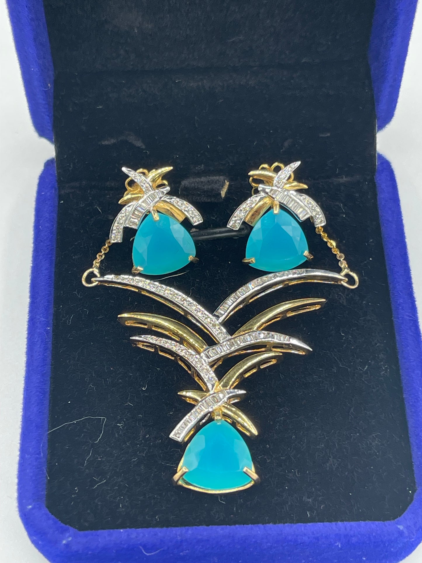 13.58 Carat Natural Paraiba Chalcedony & Diamond 18k Yellow + White Gold Necklace + Earring Set