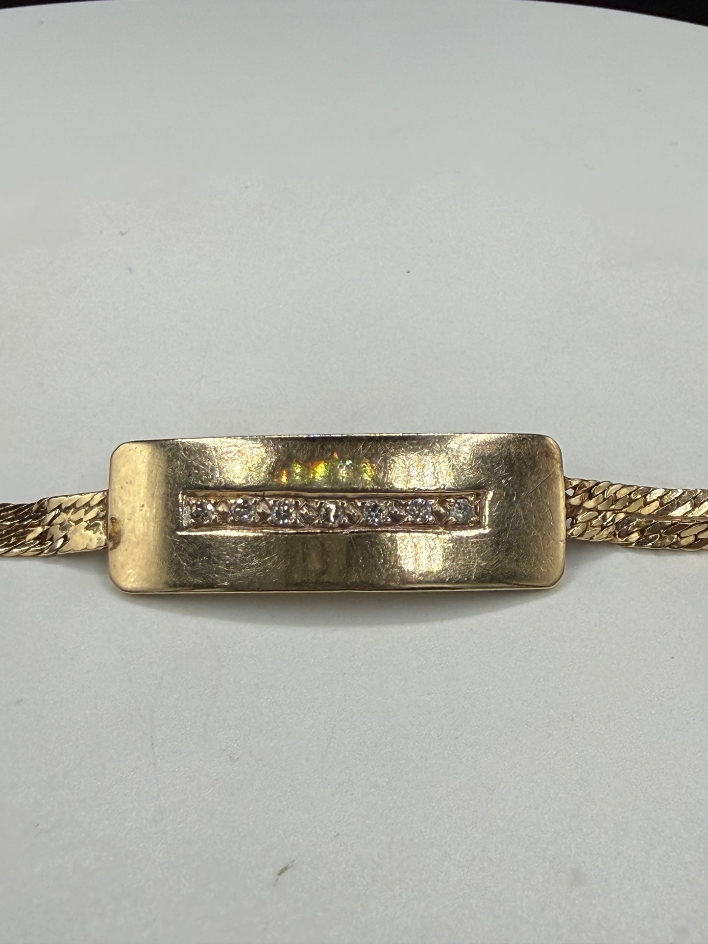 Vintage Solid 14k Yellow Gold Diamond ID Bar Bracelet | 7.25 Inches | 8.4 Grams