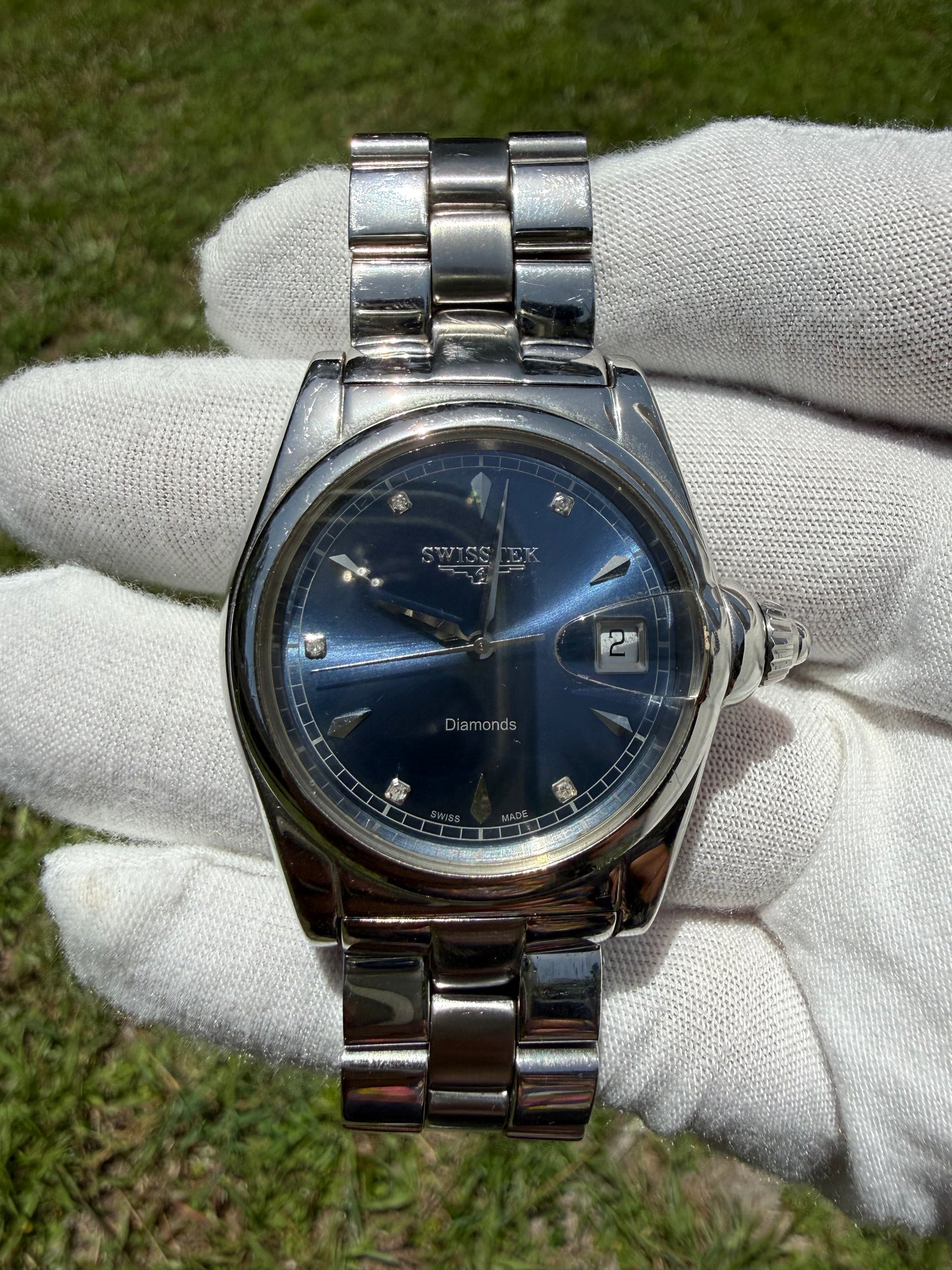 Swisstek Diamond Dial Automatic Blue Sunburst Watch | 36 MM | Steel | Box & Papers | Ref SK12605G