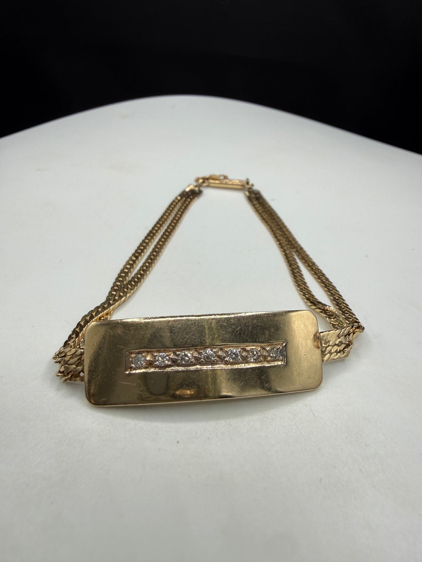 Vintage Solid 14k Yellow Gold Diamond ID Bar Bracelet | 7.25 Inches | 8.4 Grams