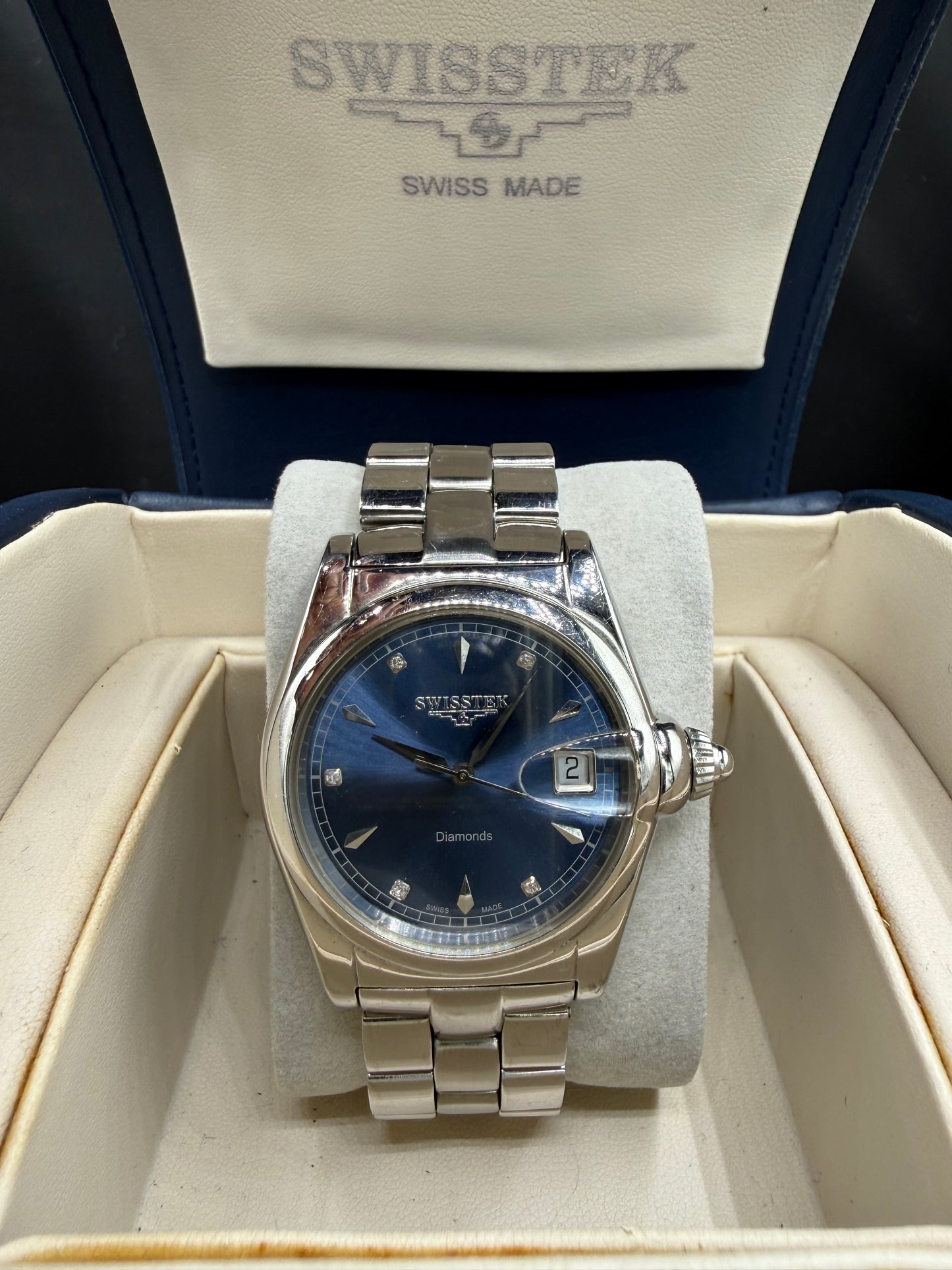 Swisstek Diamond Dial Automatic Blue Sunburst Watch | 36 MM | Steel | Box & Papers | Ref SK12605G