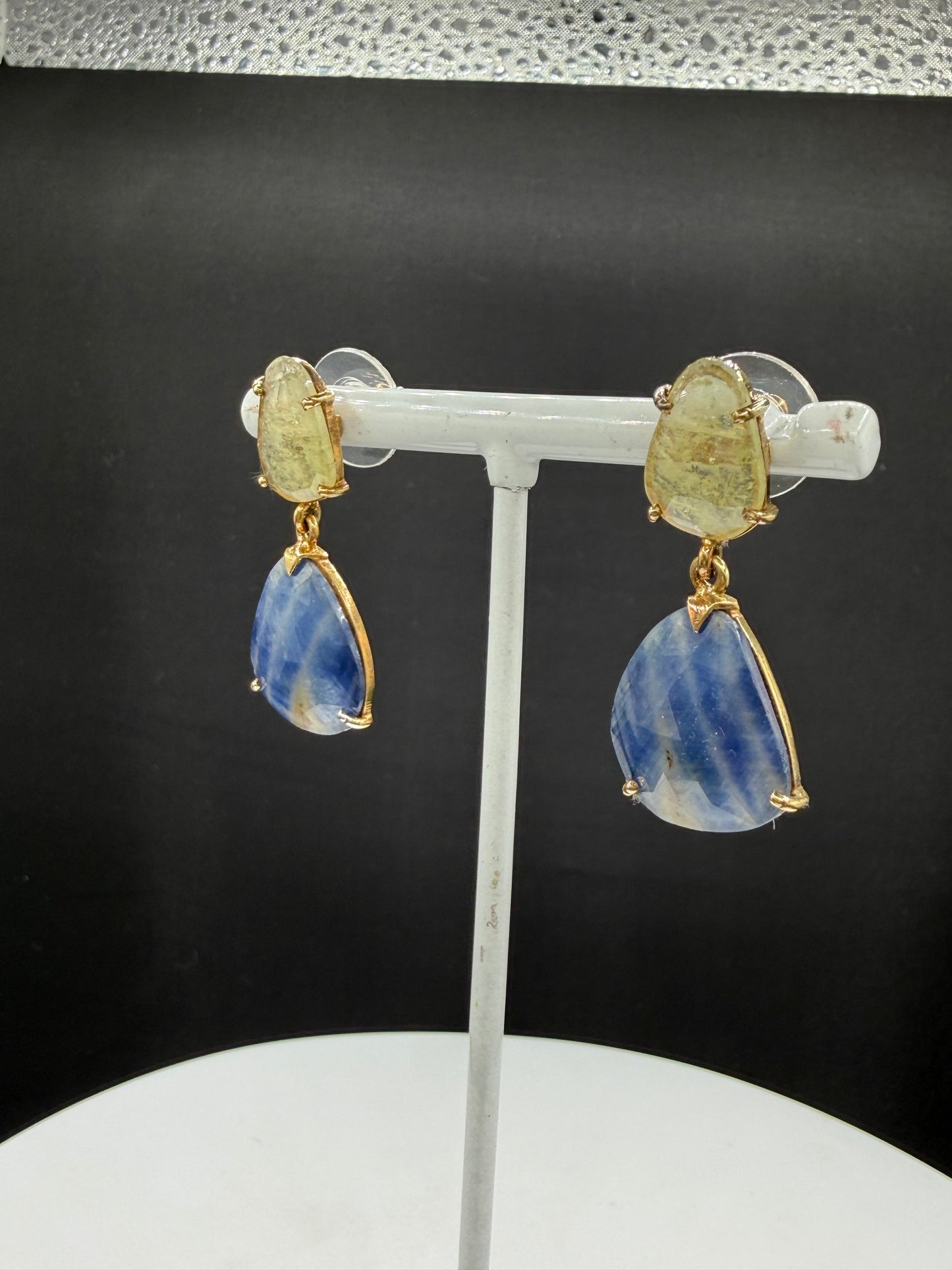 22.93 CT Natural Blue & Yellow Sapphire Vermeil Sterling Silver Dangle Earrings