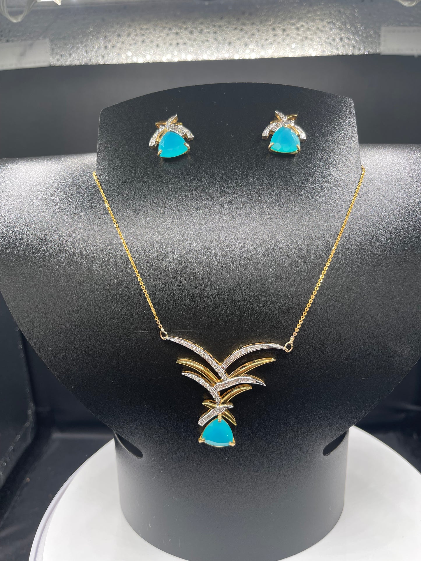 13.58 Carat Natural Paraiba Chalcedony & Diamond 18k Yellow + White Gold Necklace + Earring Set