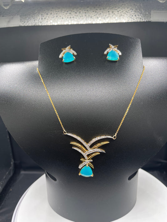13.58 Carat Natural Paraiba Chalcedony & Diamond 18k Yellow + White Gold Necklace + Earring Set