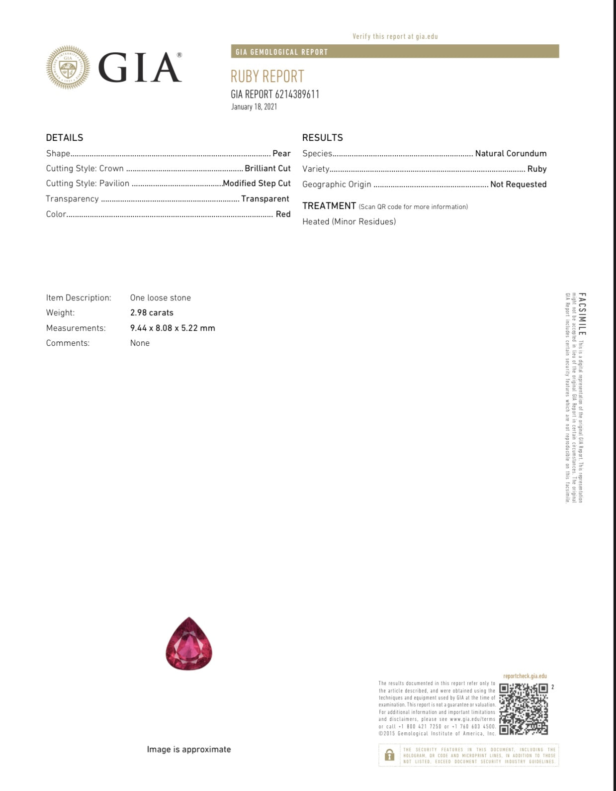 GIA Certified 2.98 Carat Natural Ruby Pear Cut Loose Gemstone