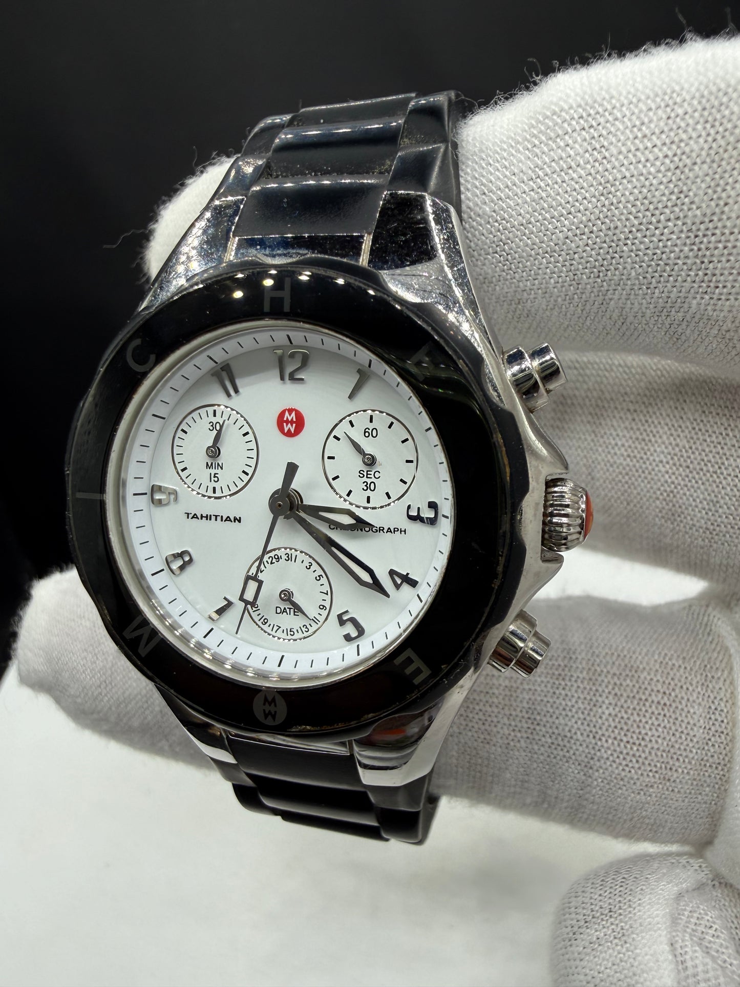 Michele Tahitian Chronograph White Dial Black Silicone Strap Watch | 35 MM | Ref MWW12D000002