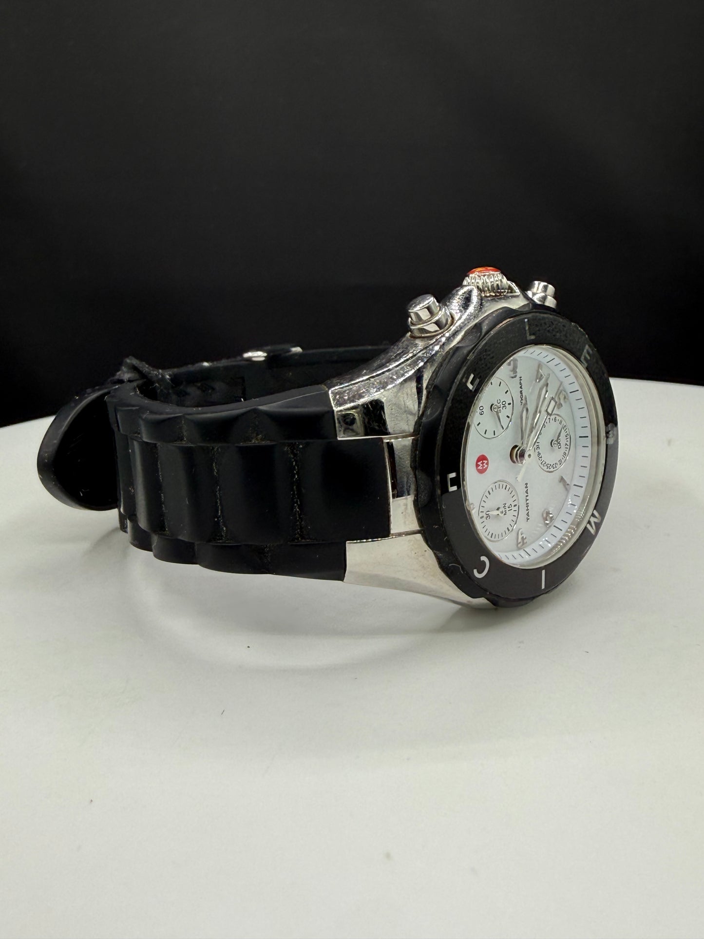Michele Tahitian Chronograph White Dial Black Silicone Strap Watch | 35 MM | Ref MWW12D000002