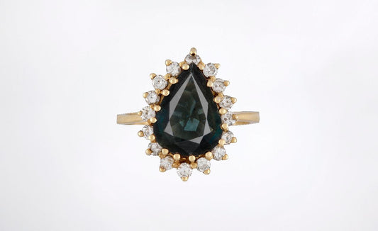 GIA Certified Natural Unheated Australian Blue Pear Sapphire & Diamond Halo Ring Size 6.25