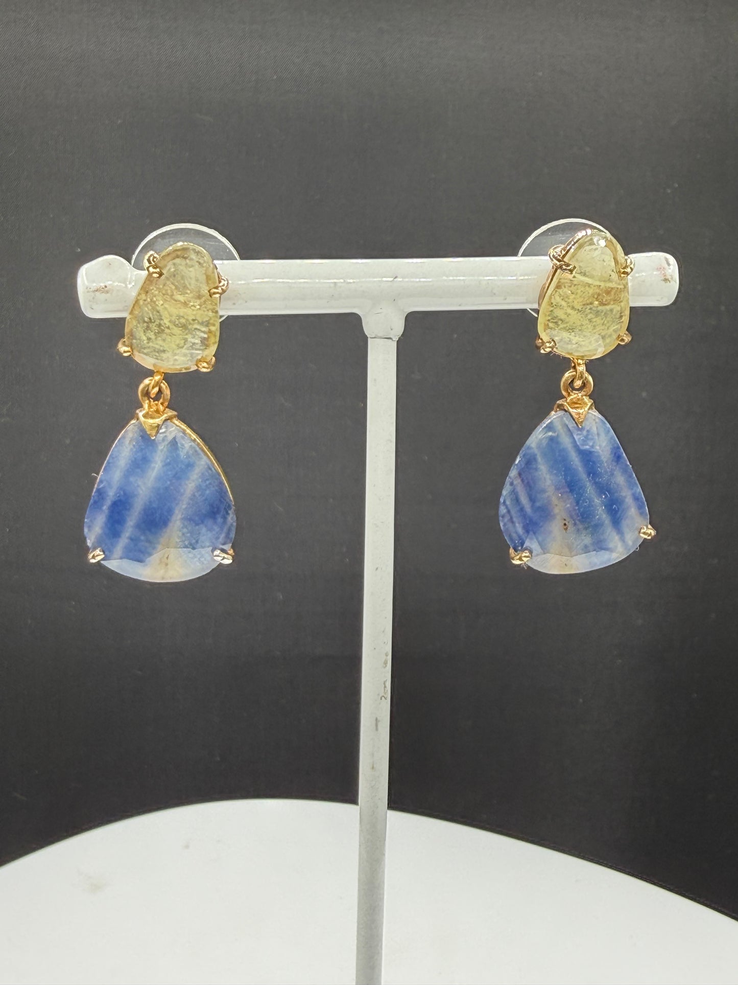22.93 CT Natural Blue & Yellow Sapphire Vermeil Sterling Silver Dangle Earrings