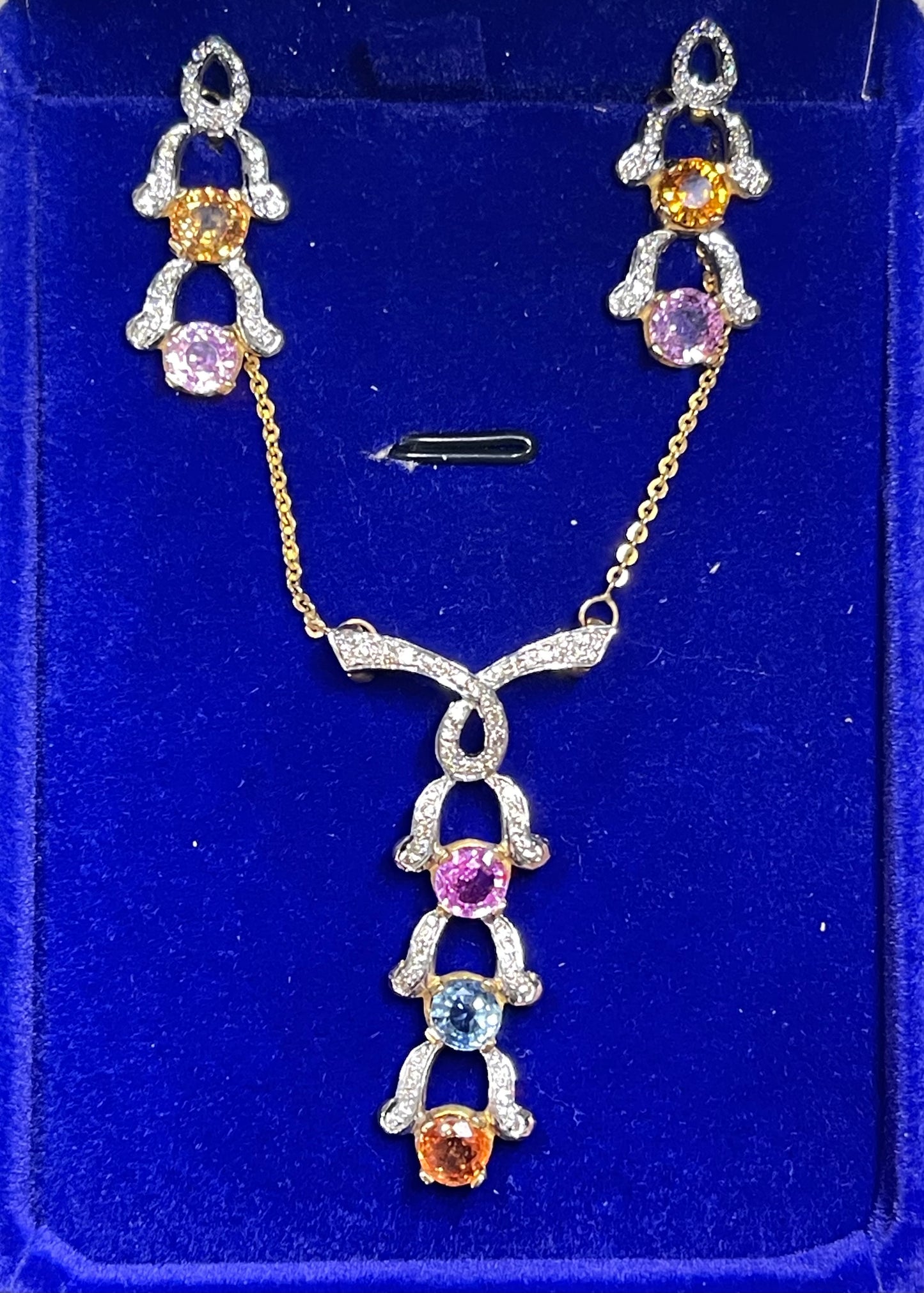 Natural Multi Color Sapphire & Diamond 18k Yellow + White Gold Necklace + Earring Set