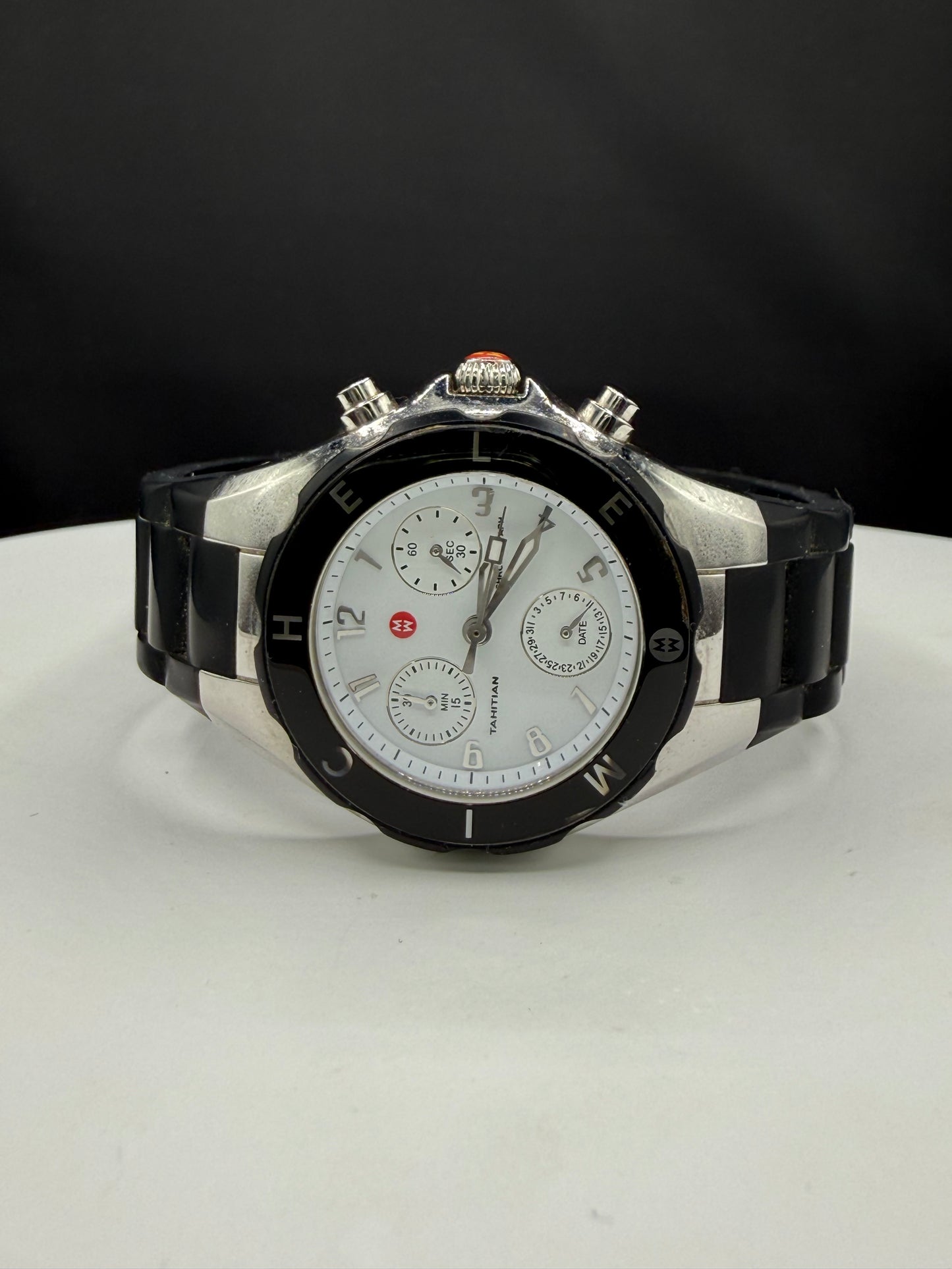 Michele Tahitian Chronograph White Dial Black Silicone Strap Watch | 35 MM | Ref MWW12D000002