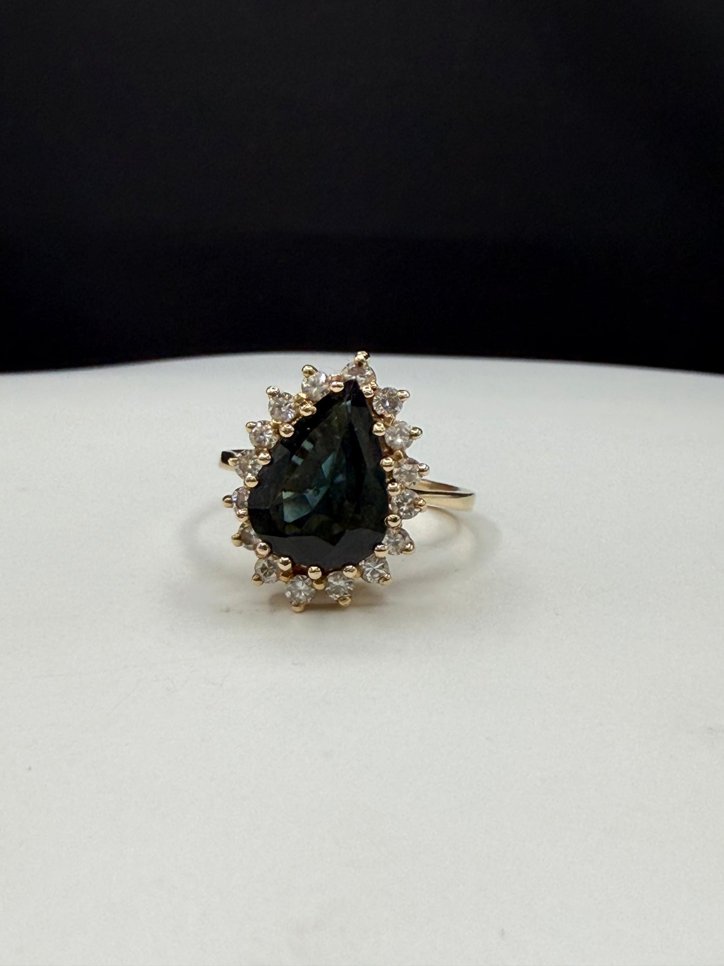 GIA Certified Natural Unheated Australian Blue Pear Sapphire & Diamond Halo Ring Size 6.25