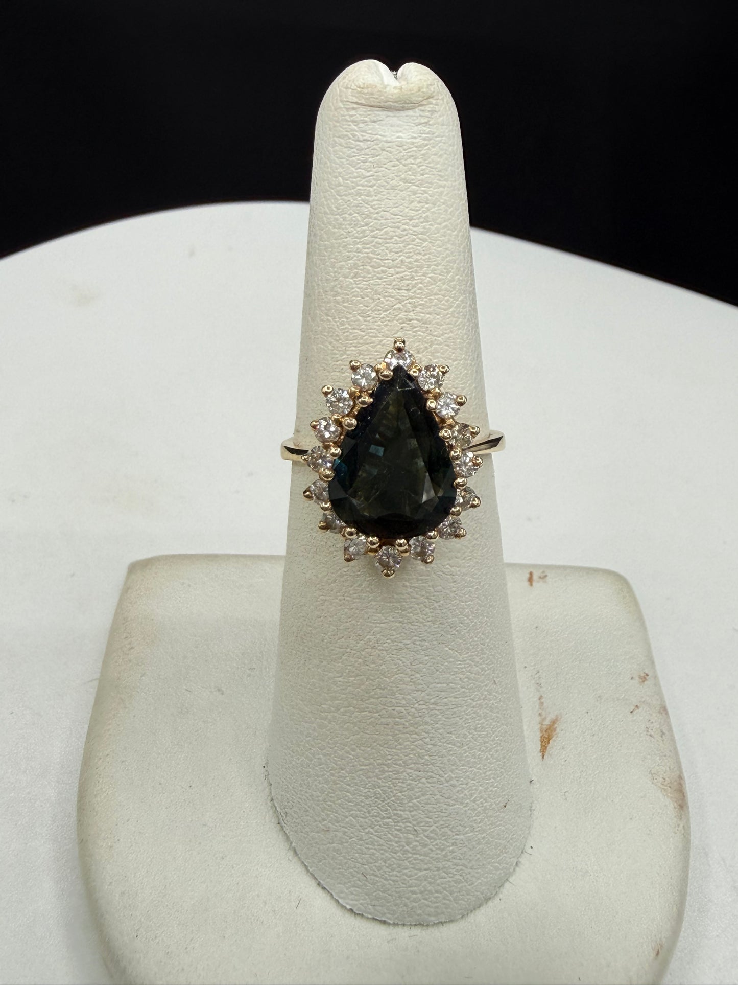 GIA Certified Natural Unheated Australian Blue Pear Sapphire & Diamond Halo Ring Size 6.25