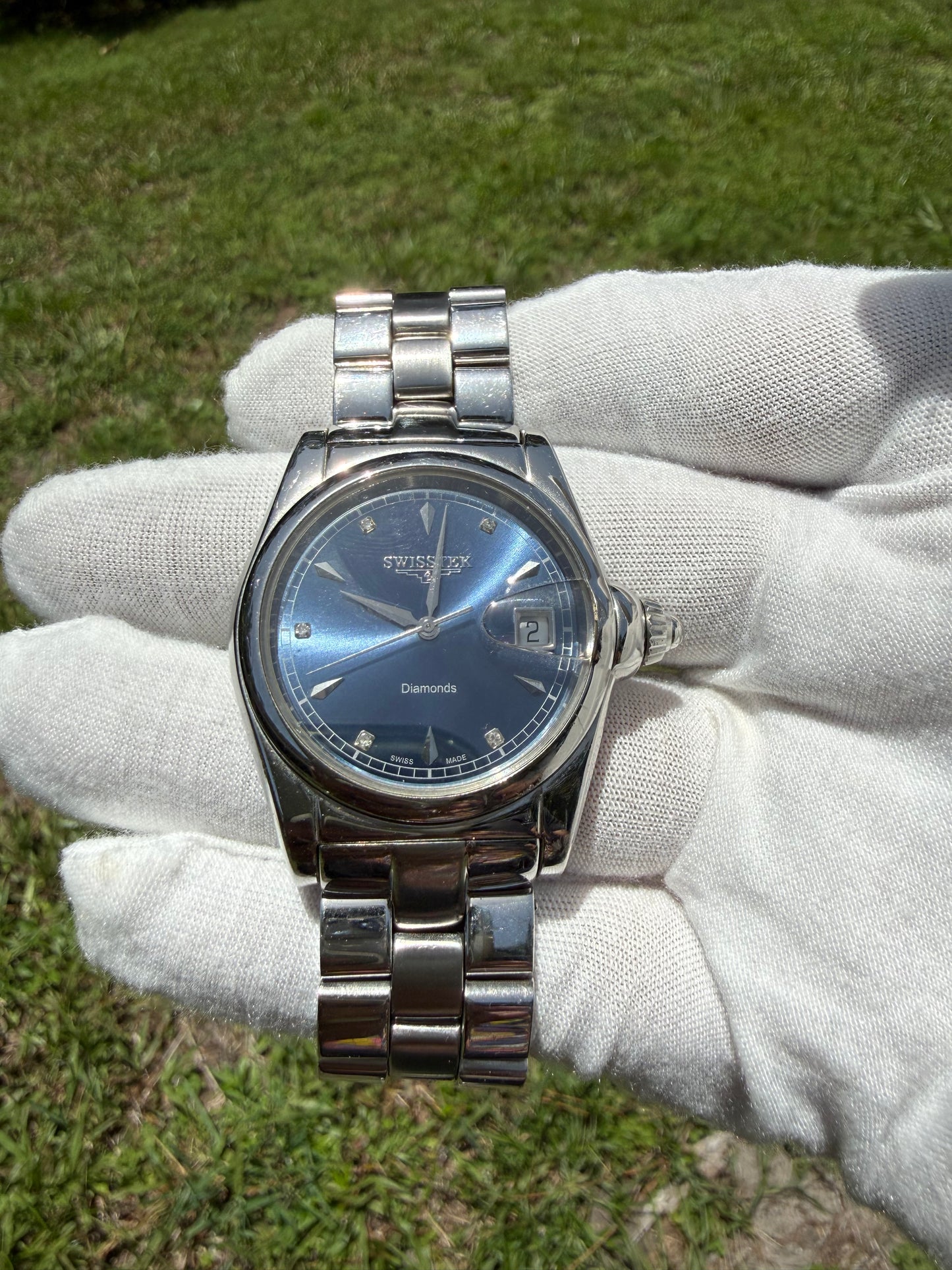 Swisstek Diamond Dial Automatic Blue Sunburst Watch | 36 MM | Steel | Box & Papers | Ref SK12605G