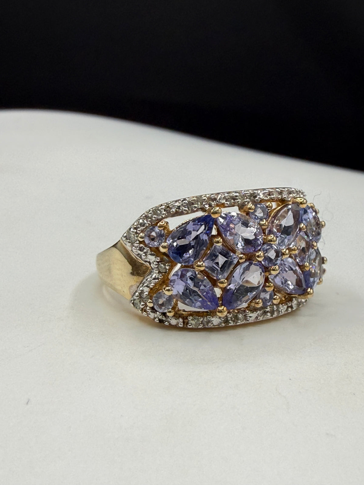2.05 Carat Natural Tanzanite & Diamond 10k Yellow Gold Statement Ring | Size 7