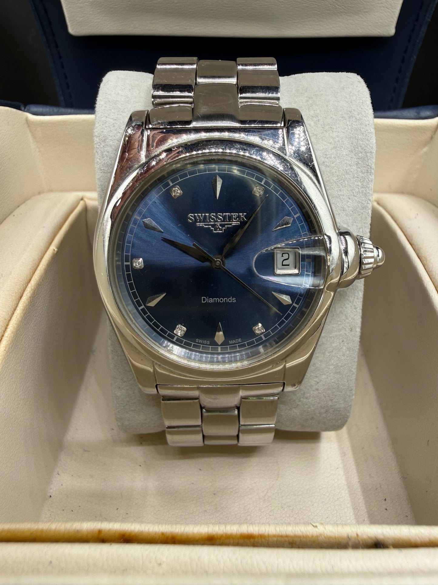 Swisstek Diamond Dial Automatic Blue Sunburst Watch | 36 MM | Steel | Box & Papers | Ref SK12605G