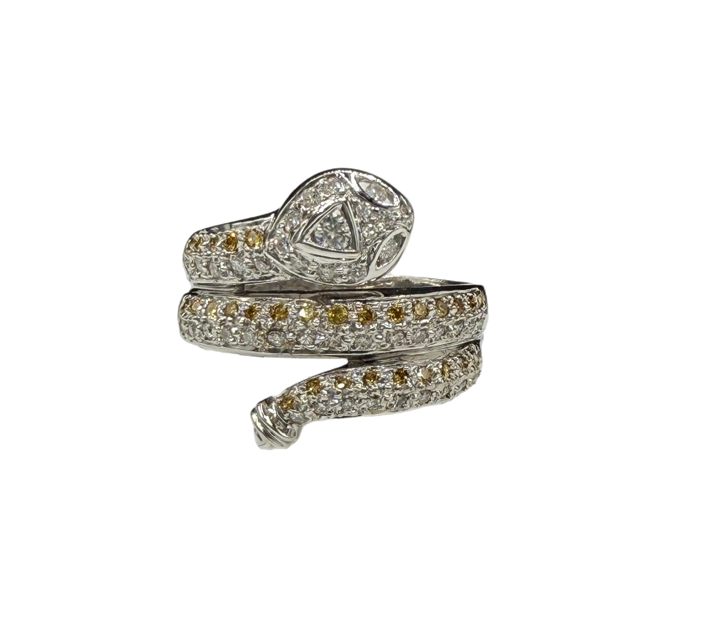 Vintage 18k White Gold Snake Ring | 0.50ct Yellow & White Diamond | Year of the Snake | Size 8