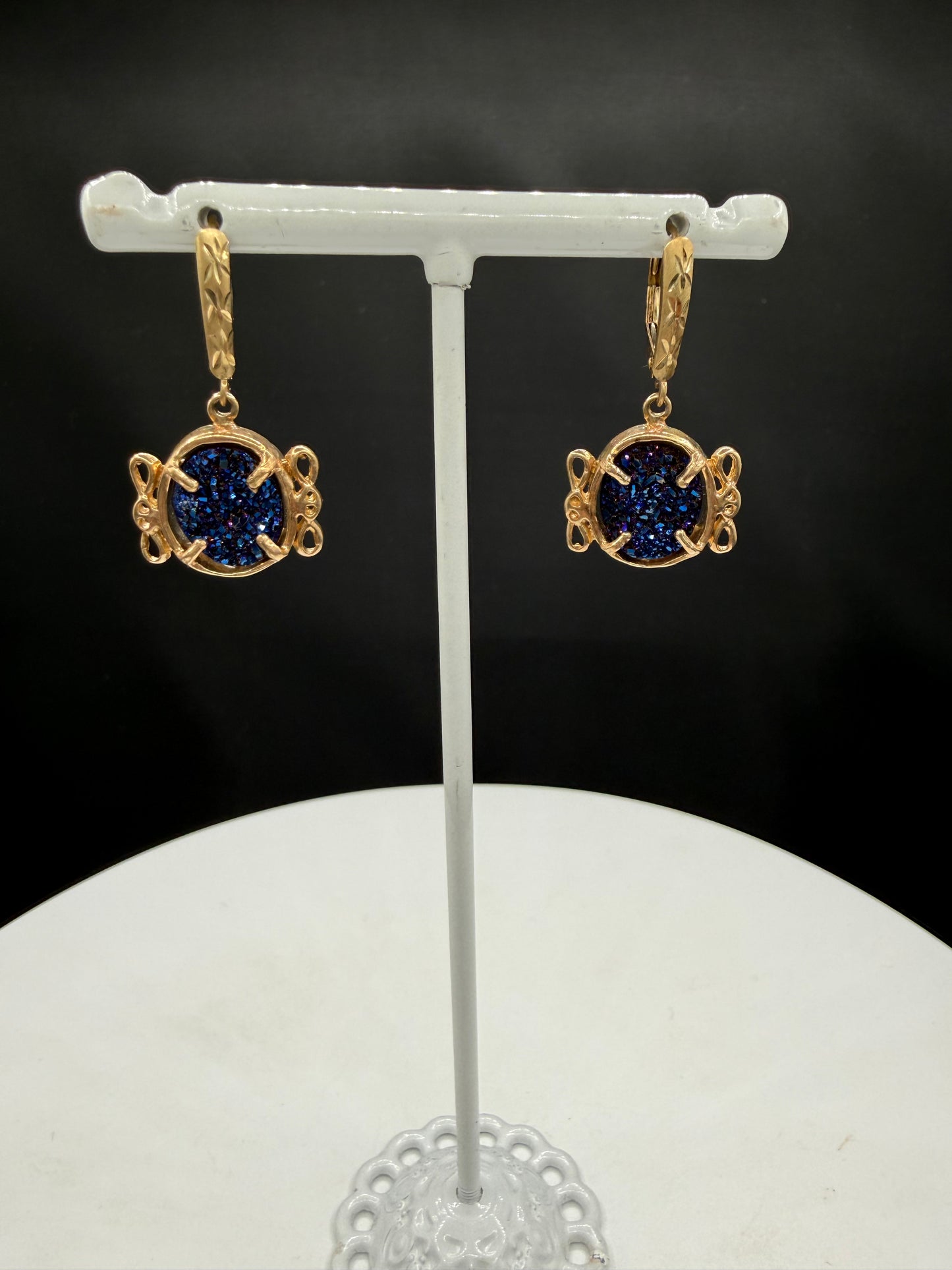 Cobalt Druzy Quartz 14k Yellow Gold French Lever Back Earrings
