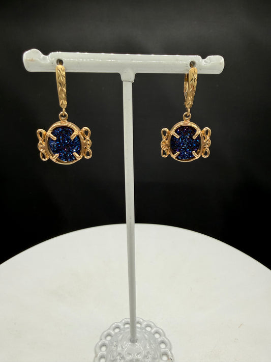 Cobalt Druzy Quartz 14k Yellow Gold French Lever Back Earrings