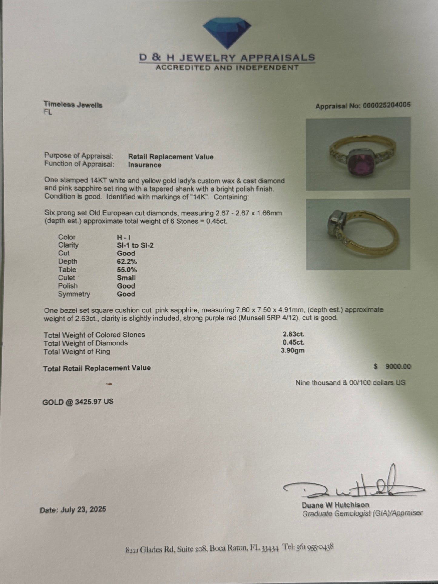 3.08 Carat Natural Pink Sapphire & Diamond Platinum + 14k Yellow Gold Ring (Size 8.5)