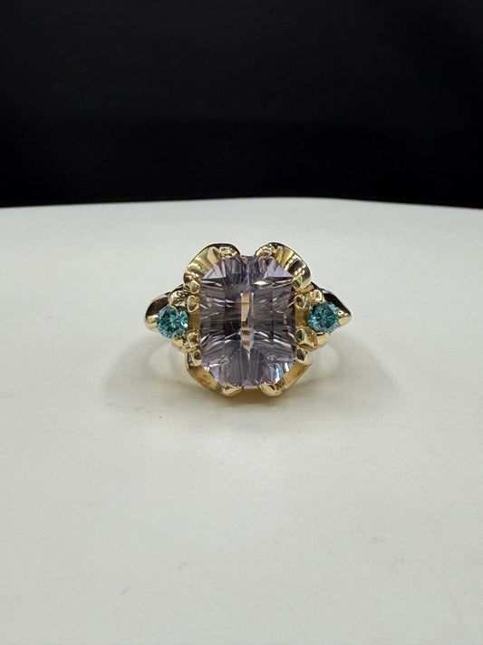 GIA Certified 5.75 Ct Natural Unheated Sri Lanka Pink Sapphire Master Concave Cut & Blue Diamond Statement Ring in 14K Gold | Size 6.25