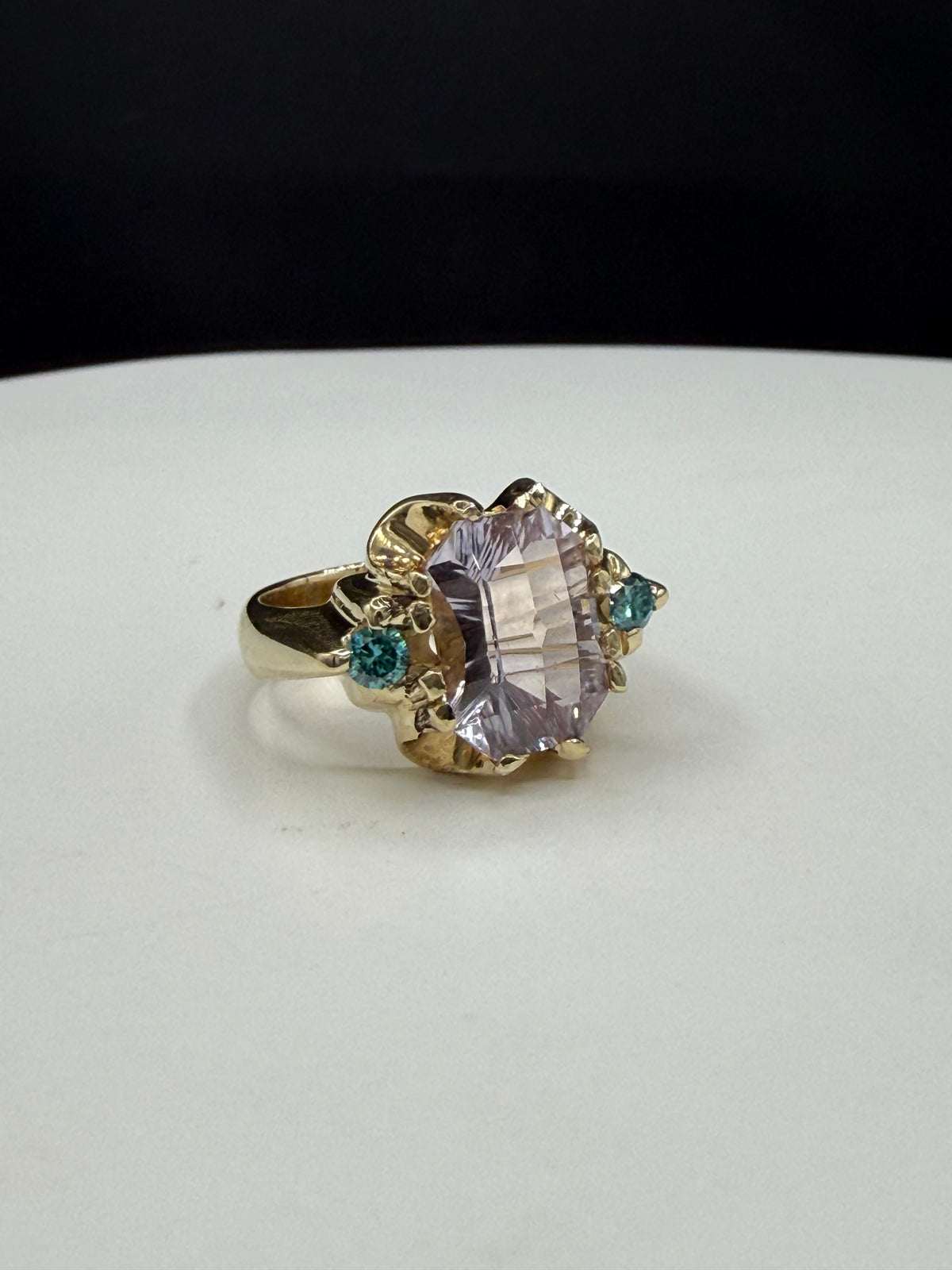 GIA Certified 5.75 Ct Natural Unheated Sri Lanka Pink Sapphire Master Concave Cut & Blue Diamond Statement Ring in 14K Gold | Size 6.25
