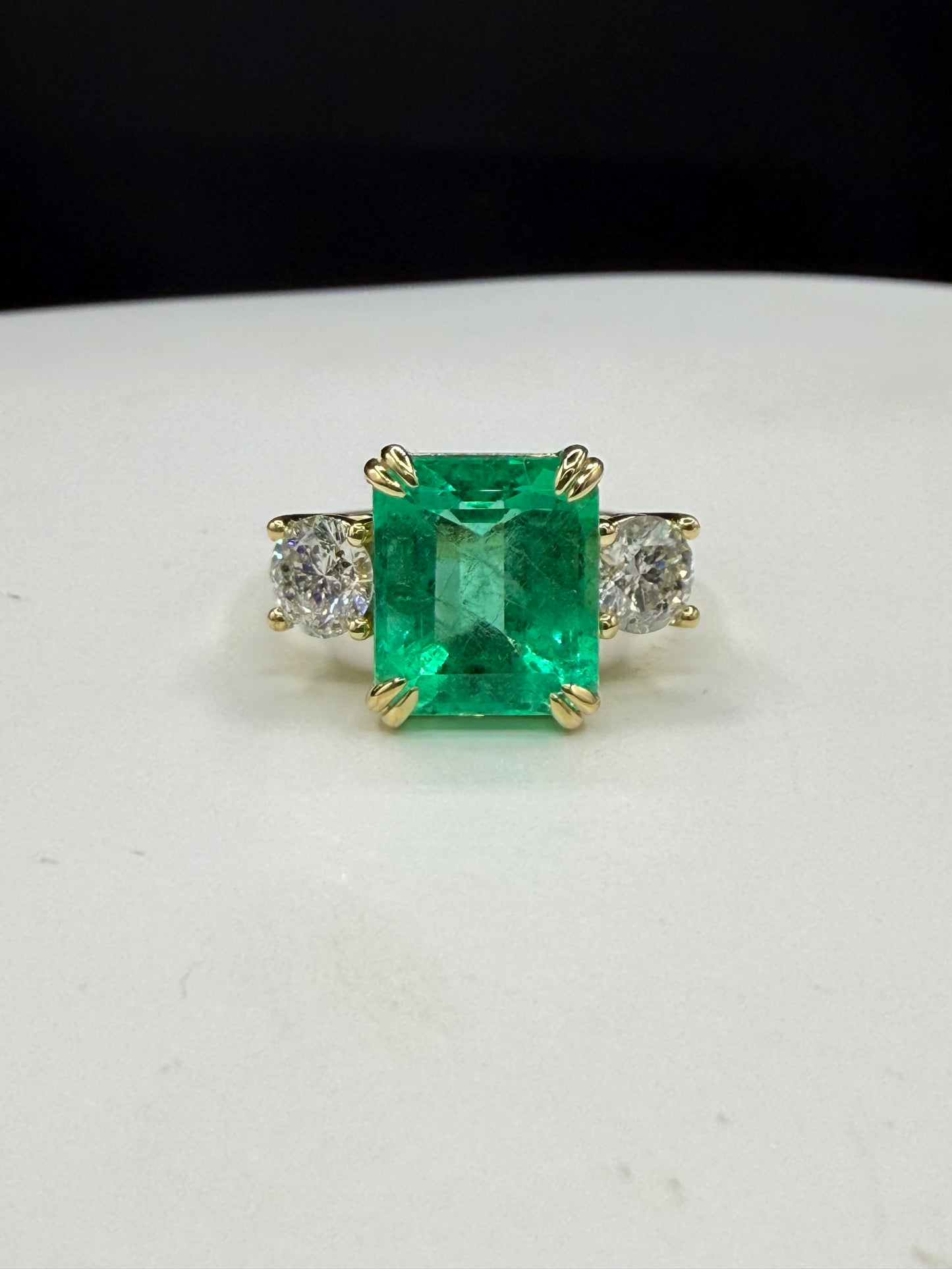 GIA Certified 5.76 Ct Natural Colombian Emerald (F1) & 1.30 CTW Diamond Three-Stone Ring in Solid 18K Yellow Gold | Size 7