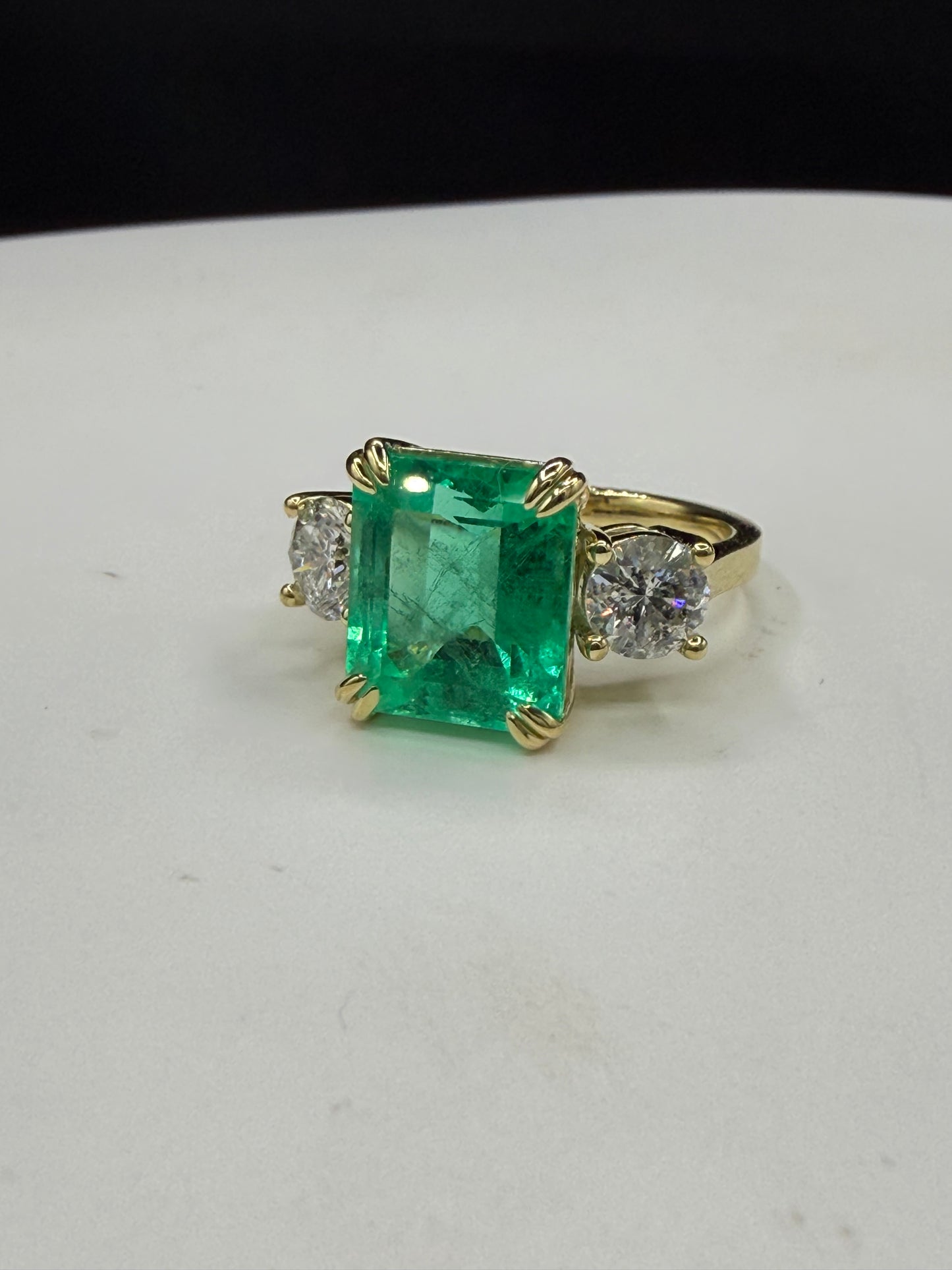 GIA Certified 5.76 Ct Natural Colombian Emerald (F1) & 1.30 CTW Diamond Three-Stone Ring in Solid 18K Yellow Gold | Size 7