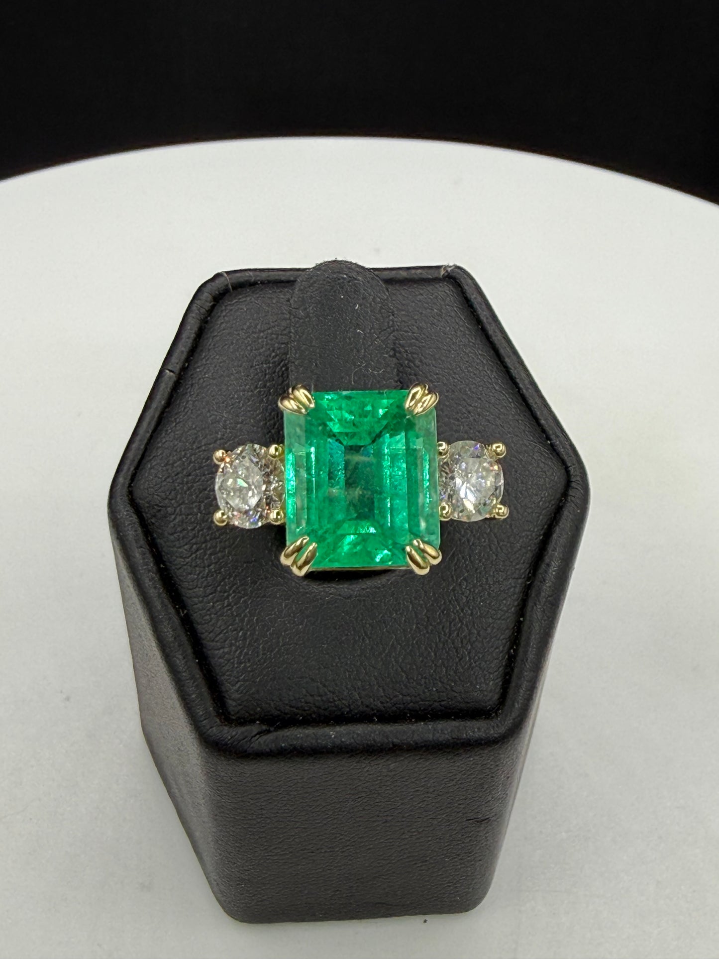 GIA Certified 5.76 Ct Natural Colombian Emerald (F1) & 1.30 CTW Diamond Three-Stone Ring in Solid 18K Yellow Gold | Size 7