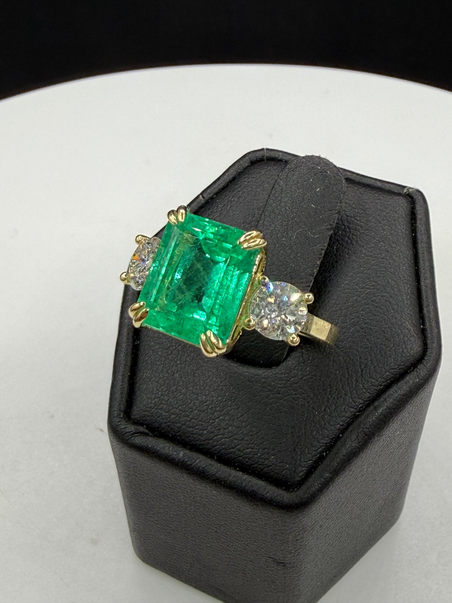 GIA Certified 5.76 Ct Natural Colombian Emerald (F1) & 1.30 CTW Diamond Three-Stone Ring in Solid 18K Yellow Gold | Size 7