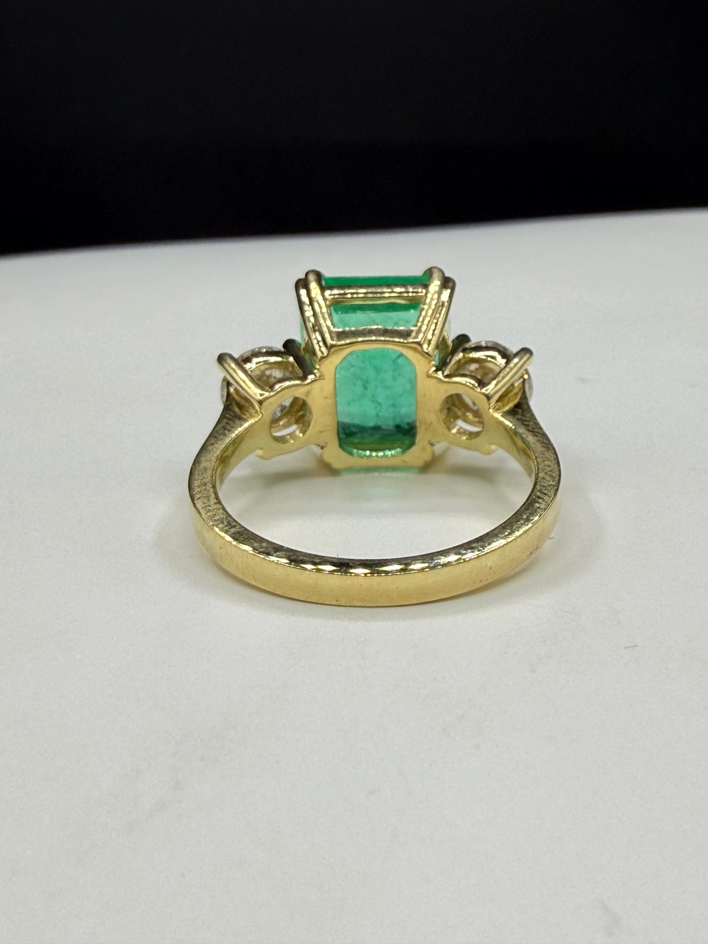 GIA Certified 5.76 Ct Natural Colombian Emerald (F1) & 1.30 CTW Diamond Three-Stone Ring in Solid 18K Yellow Gold | Size 7